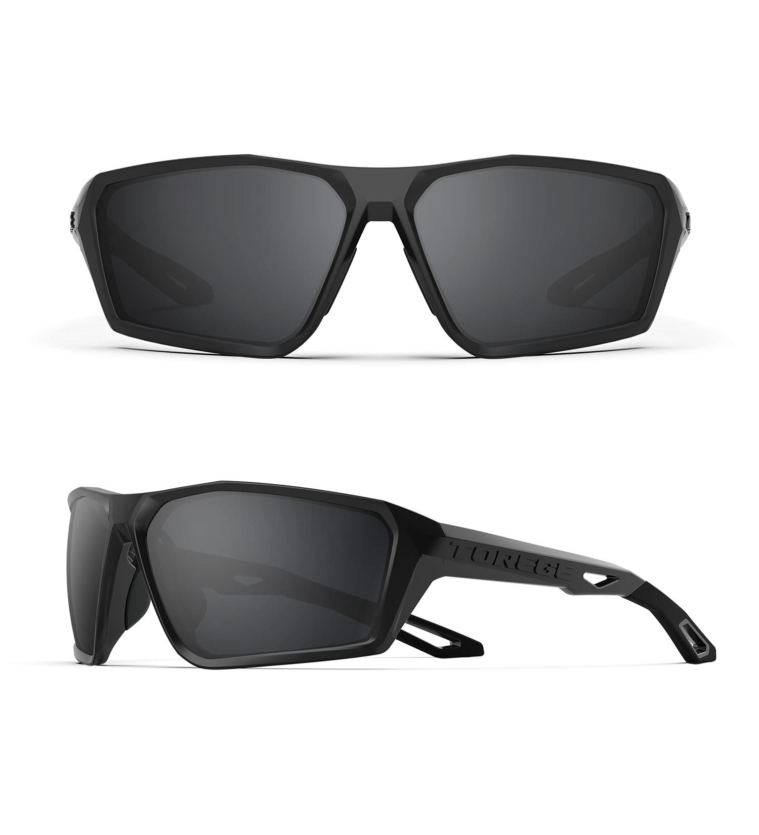 TOREGE Polarized Sports Sunglasses TR36 - Bright Black Frame, Grey Lens - Men Women Shooting Cycling Running Golf Fishing - Buy Online on GoSupps.com