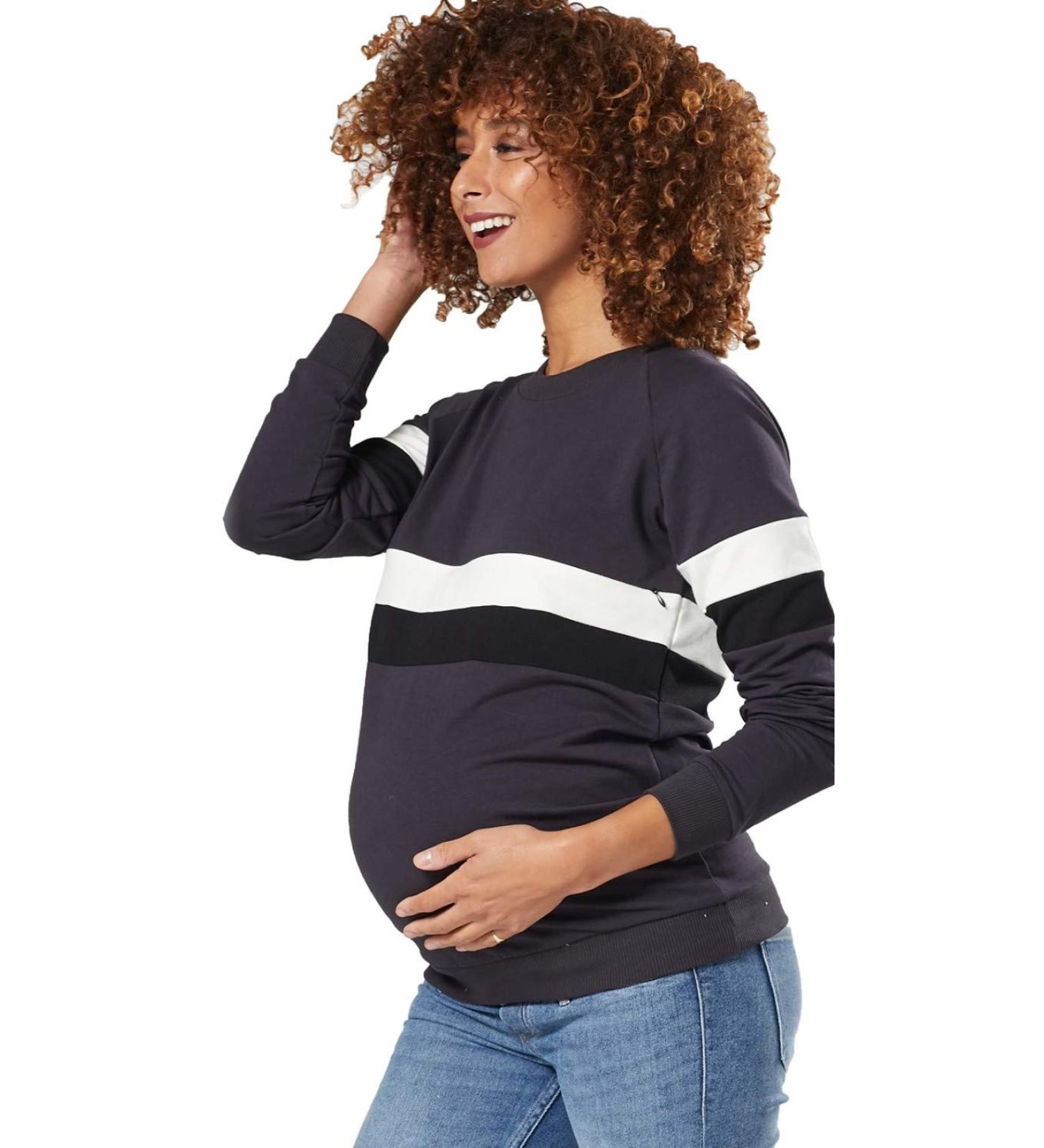 HAPPY MAMA Maternity Nursing Zipped Sweatshirt 1110 - Striped Jumper, Size 10, Graphite - Buy Online on GoSupps.com