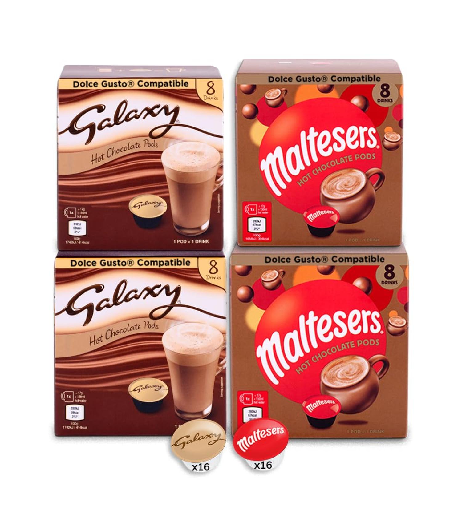 Galaxy & Maltesers Double Pack Hot Chocolate - Double Box Variety Pack - 16 Pods of Each Flavour 32 Capsules - Dolce Gusto Compatible Pods Chocolate 122.5 g (Pack of 4) - Buy Online on GoSupps.com