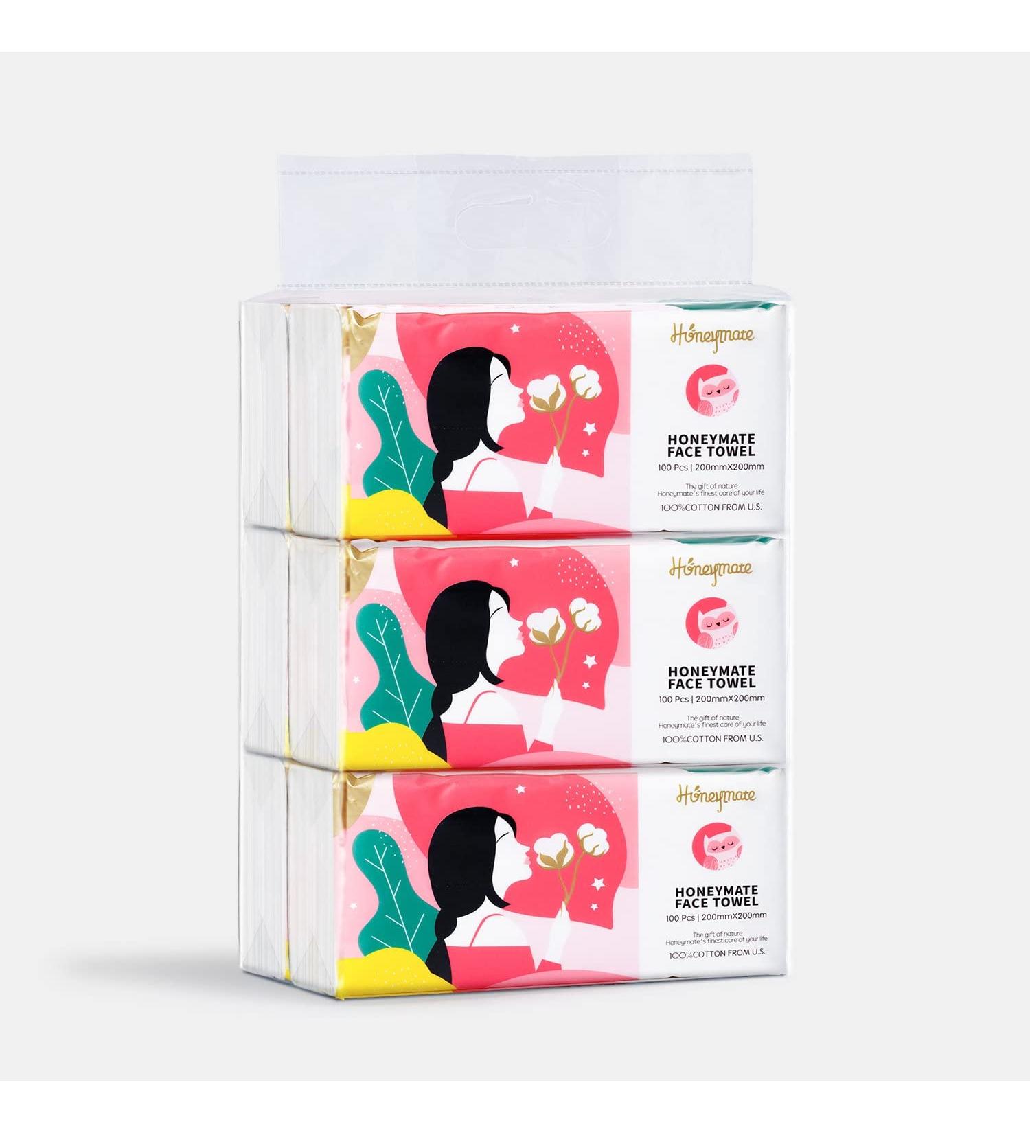 Honeymate 100% Cotton Face Towels - Ultra Soft & Thick 600 Count, Disposable Facial Tissues for Sensitive Skin - 6 Pack of 100 Count Towels - Ideal for Makeup Removal and Washcloths - Buy Online on GoSupps.com
