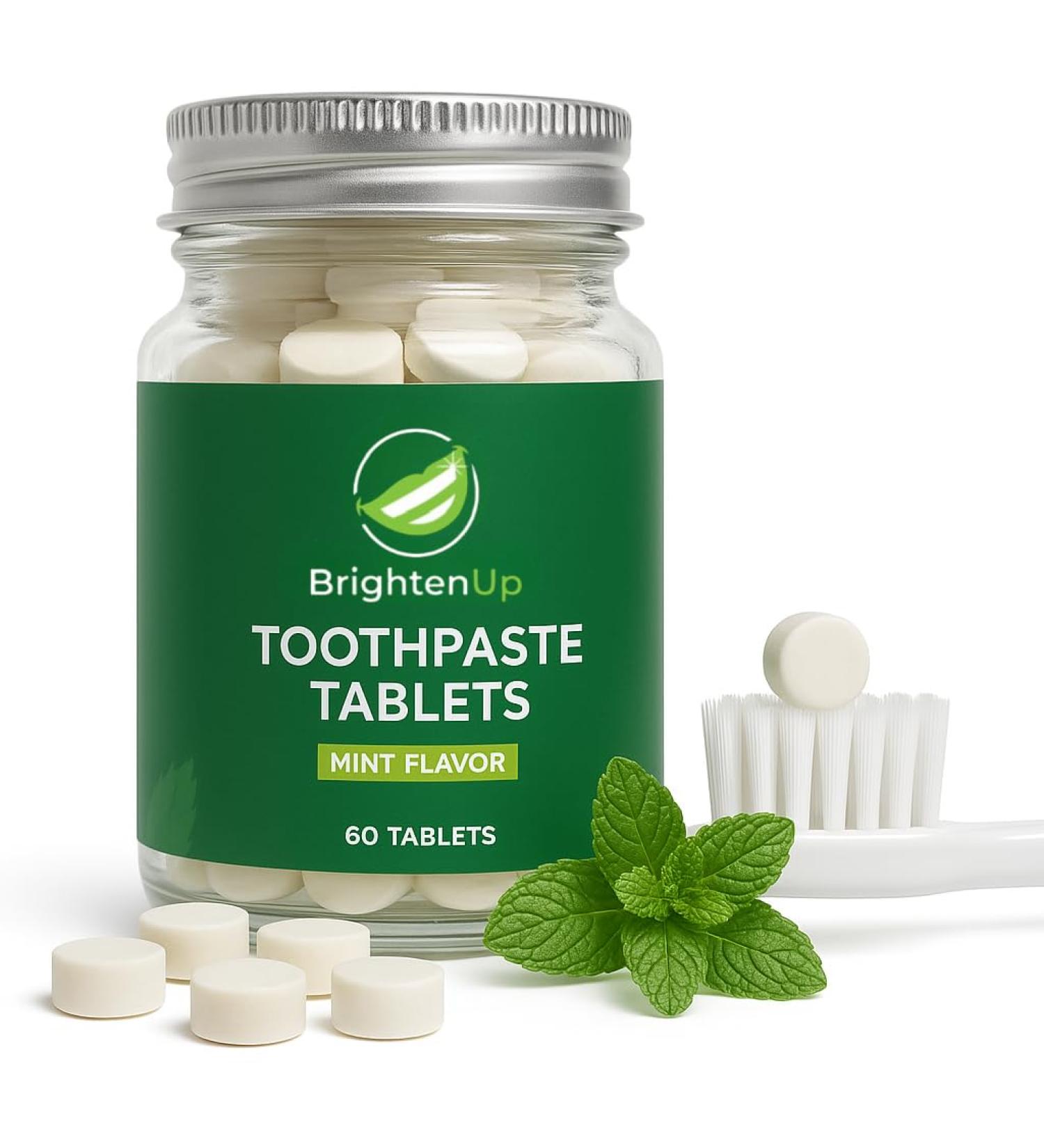 BrightenUp Toothpaste Tablets Natural Whitening with Nano-Hydroxyapatite Xylitol & Peppermint | Chewable Fluoride-Free Plastic-Free TSA-Friendly | Remineralizes Enamel | 60 Tablets (1 Month) - Buy Online on GoSupps.com