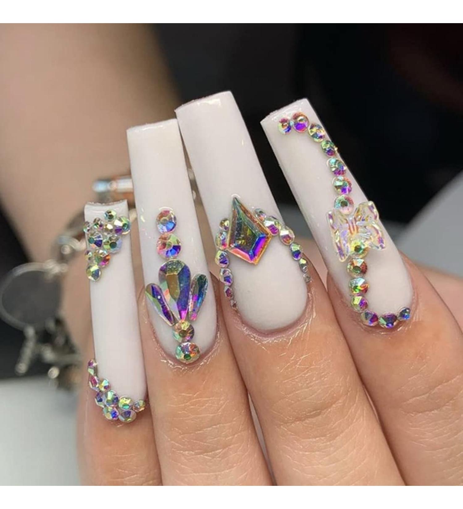 Sethexy Long Coffin False Nails - 24Pcs Bling White Acrylic Press-On Nails for Women & Girls - Crystal Sparkle Design - Buy Online on GoSupps.com
