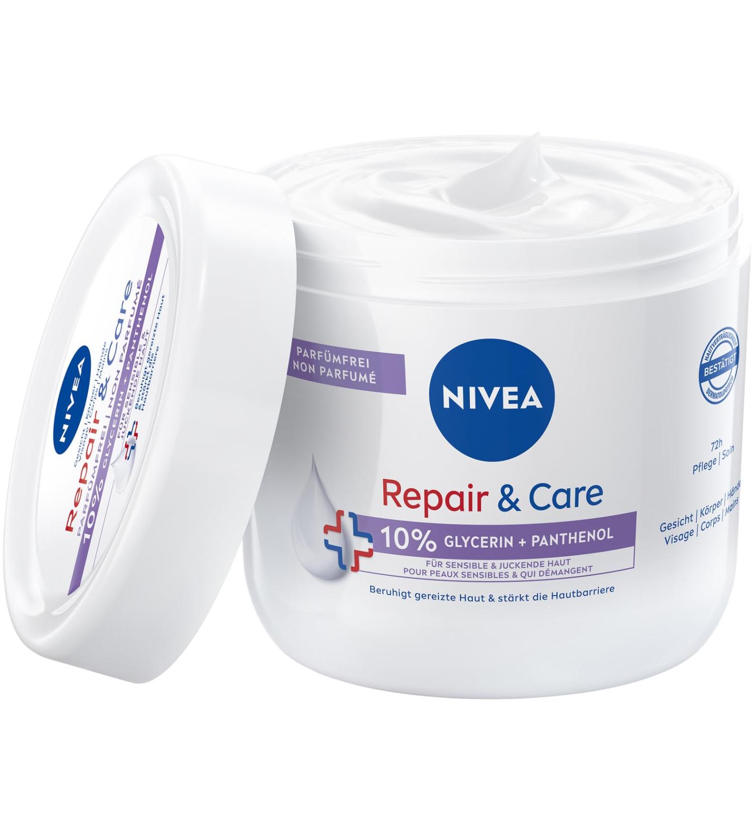 NIVEA Repair & Care - Cr me pour le corps sans parfum - Hydratante et non grasse - Absorption rapide - Avec panth nol et glyc rine - Pour peaux sensibles et d mangeaisons - 400 ml