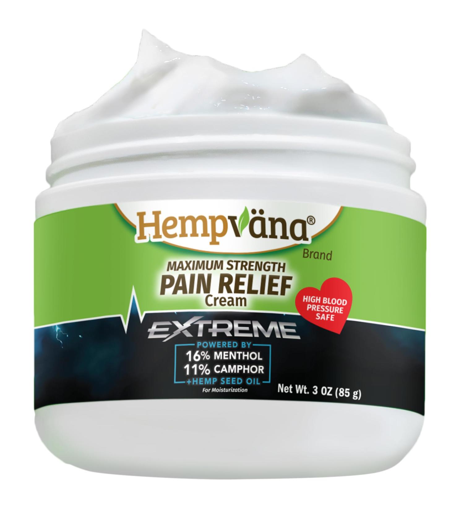 Hempvana Extreme Pain Relief Cream AS-SEEN-ON-TV Intense Relief Powered by Maximum Strength 16% Menthol & 11% Camphor & Hemp Seed Oil for Rapid Muscle Joint & Back Discomfort Made in The USA - Buy Online on GoSupps.com