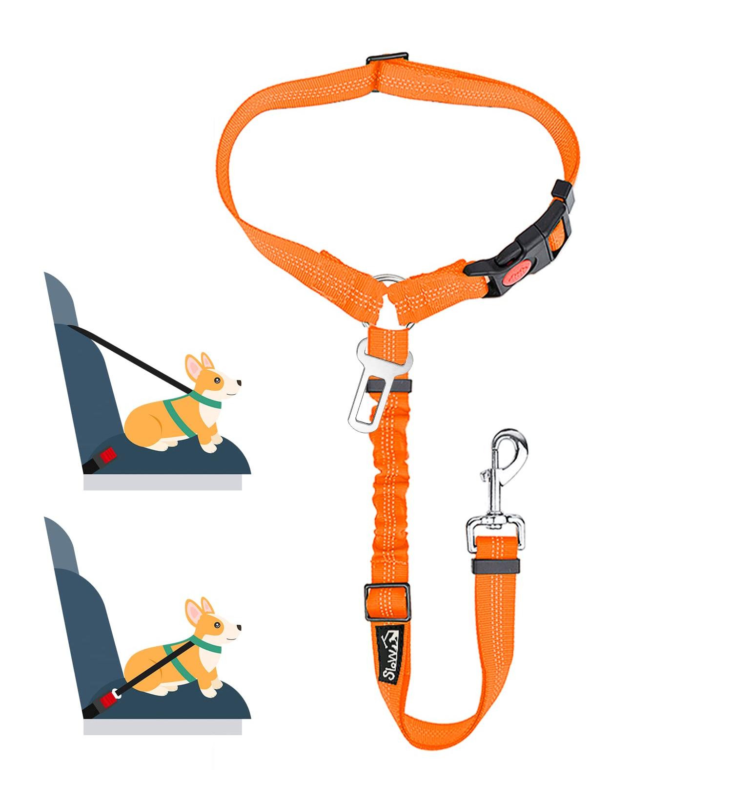 Slowton 2-in-1 Dog Car Belt | Adjustable Headrest Clasp & Universal Buckle | Reflective Rubber Band | Orange - 1PCS - Buy Online on GoSupps.com