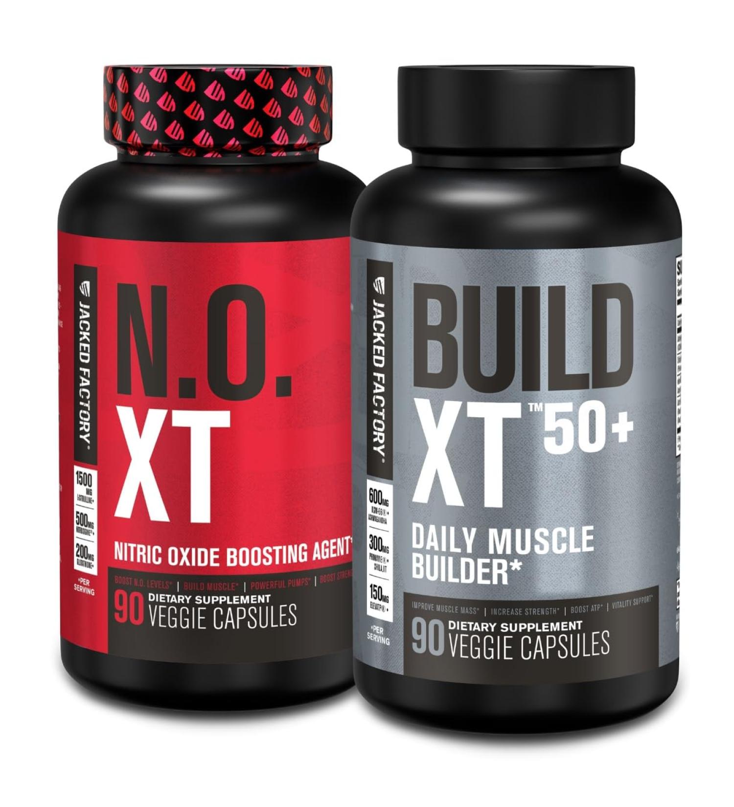 Jacked Factory N.O. XT Nitric Oxide Supplement (90 Capsules) & Build XT 50+ Daily Muscle Builder (90 Capsules) for Muscle Growth Pumps Vitalty & Recovery - Buy Online on GoSupps.com