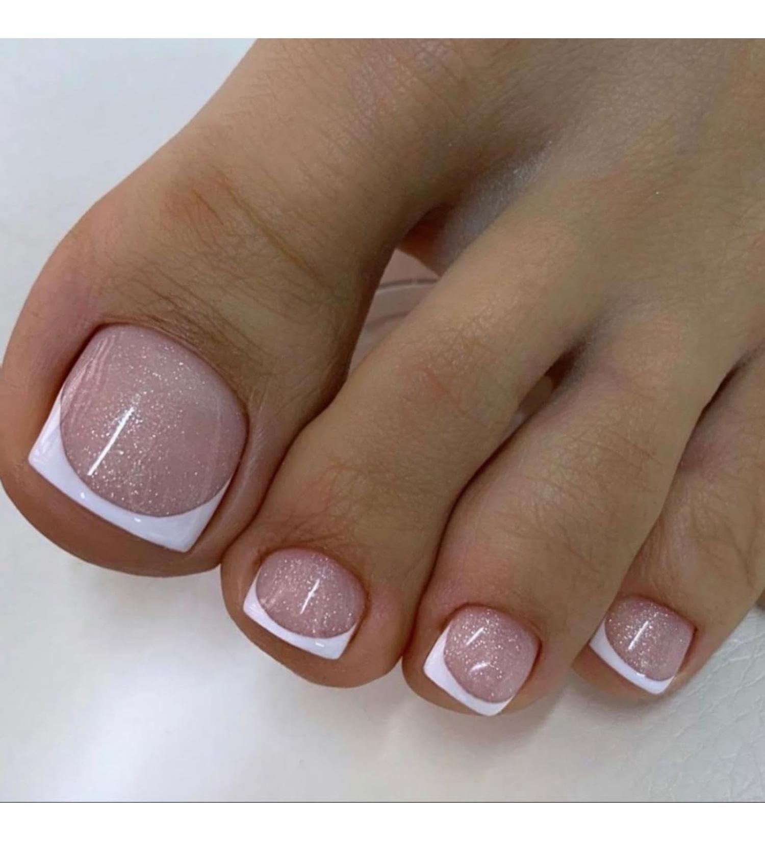 24PCS White French Tip Press On Toenails - Short Square Natural Nude Glitter Acrylic False Nails for Perfect Summer Manicure - Buy Online on GoSupps.com
