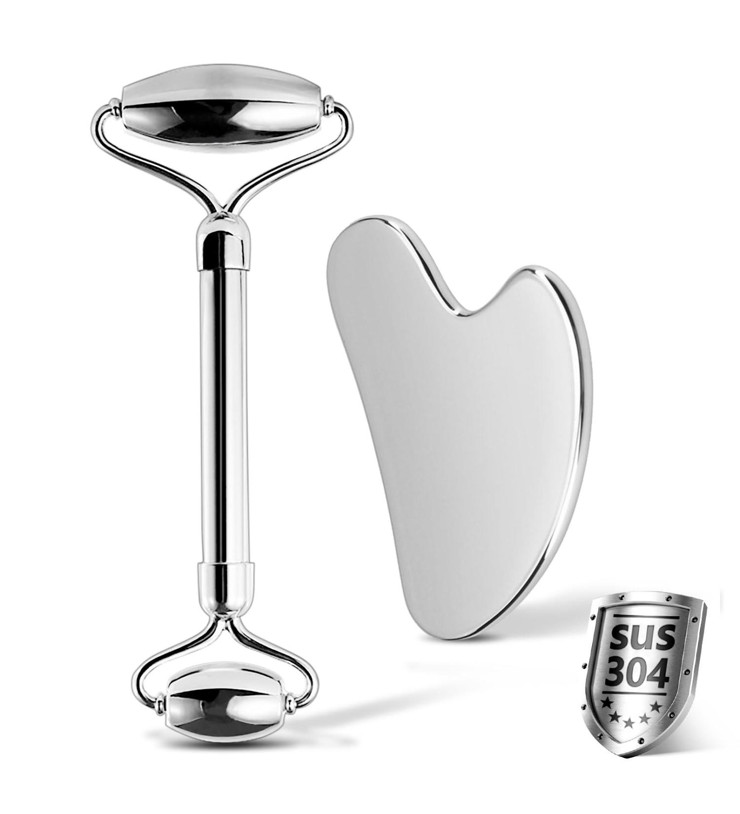 Stainless Steel Facial Roller & Gua Sha - Reduce Puffiness & Lymphatic Drainage | Best Facial Tools for Skin Treatment - Buy Online on GoSupps.com