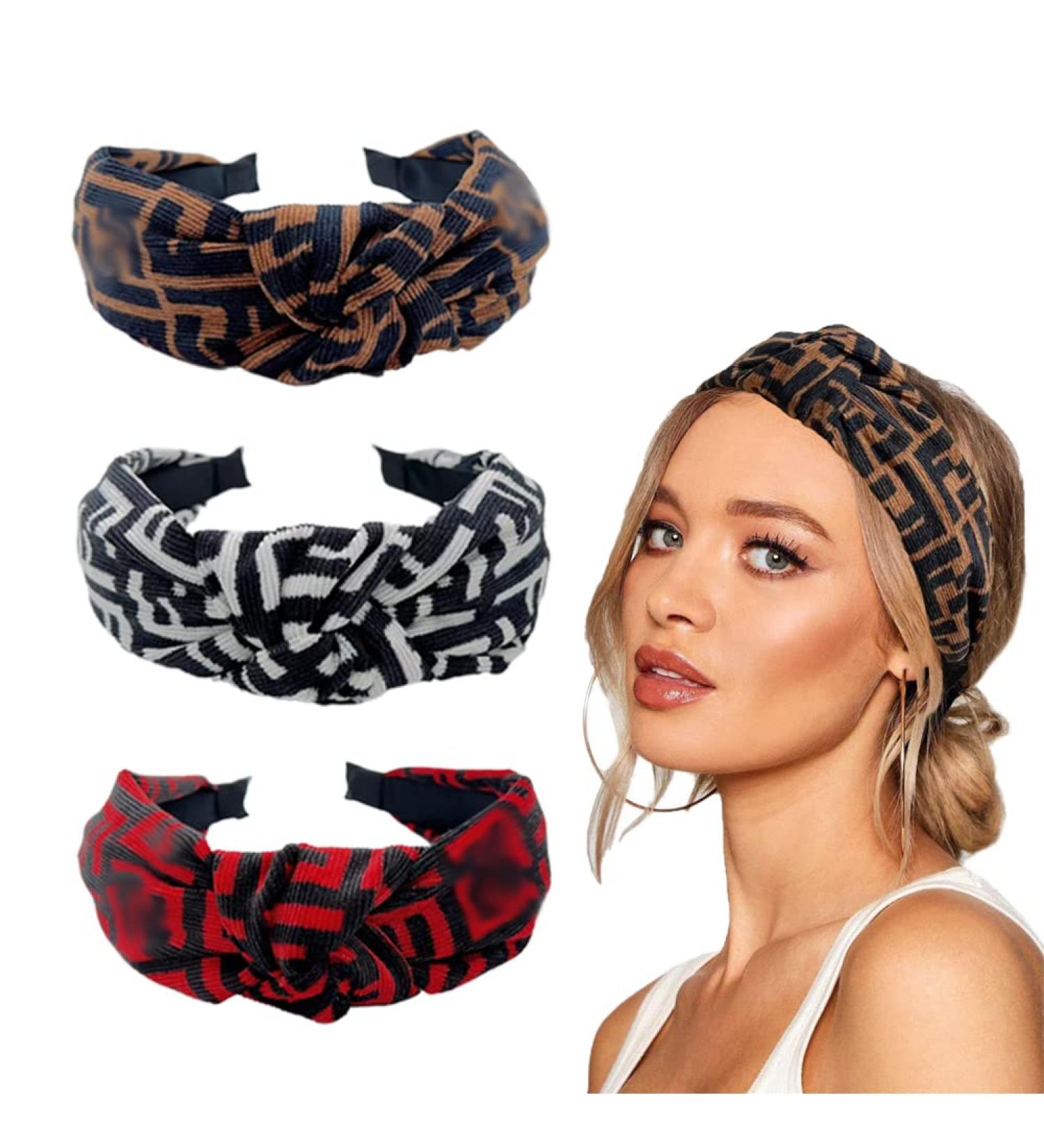ALSTYTURE Designer FF Headband 3 Pack for Women - Top Knotted Hair Band with Letter F Print - Wide Elastic Hair Accessories (BROWN/Black) - Buy Online on GoSupps.com