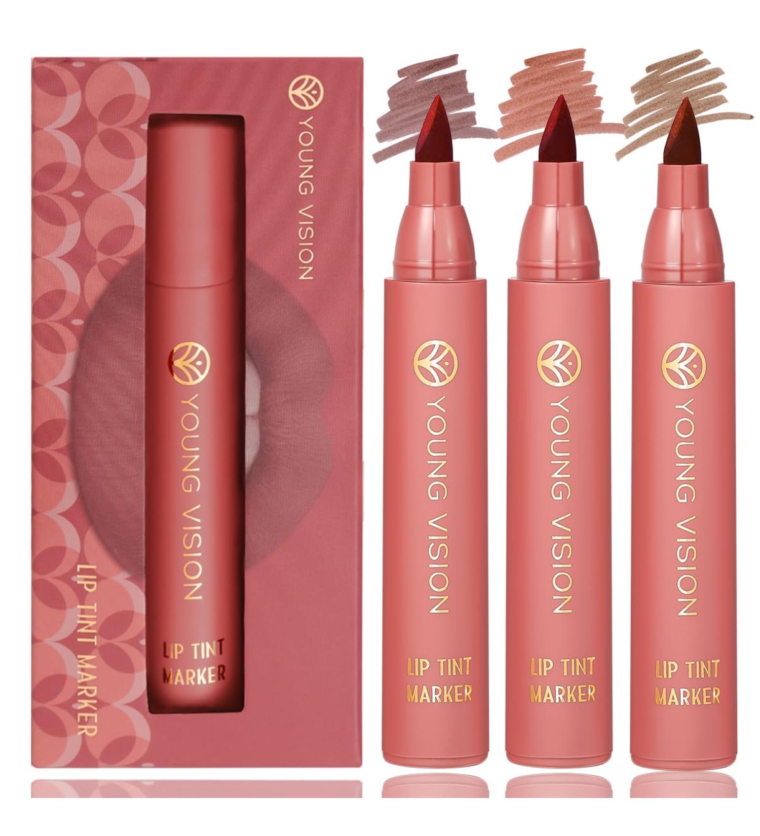 YOUNG VISION Lip Tint Marker Set - 3 PCS Lightweight Lip Stain Long-Wearing Waterproof Liquid Lipstick & Dual Lip Liner Stick in Nude Matte Shades - Buy Online on GoSupps.com