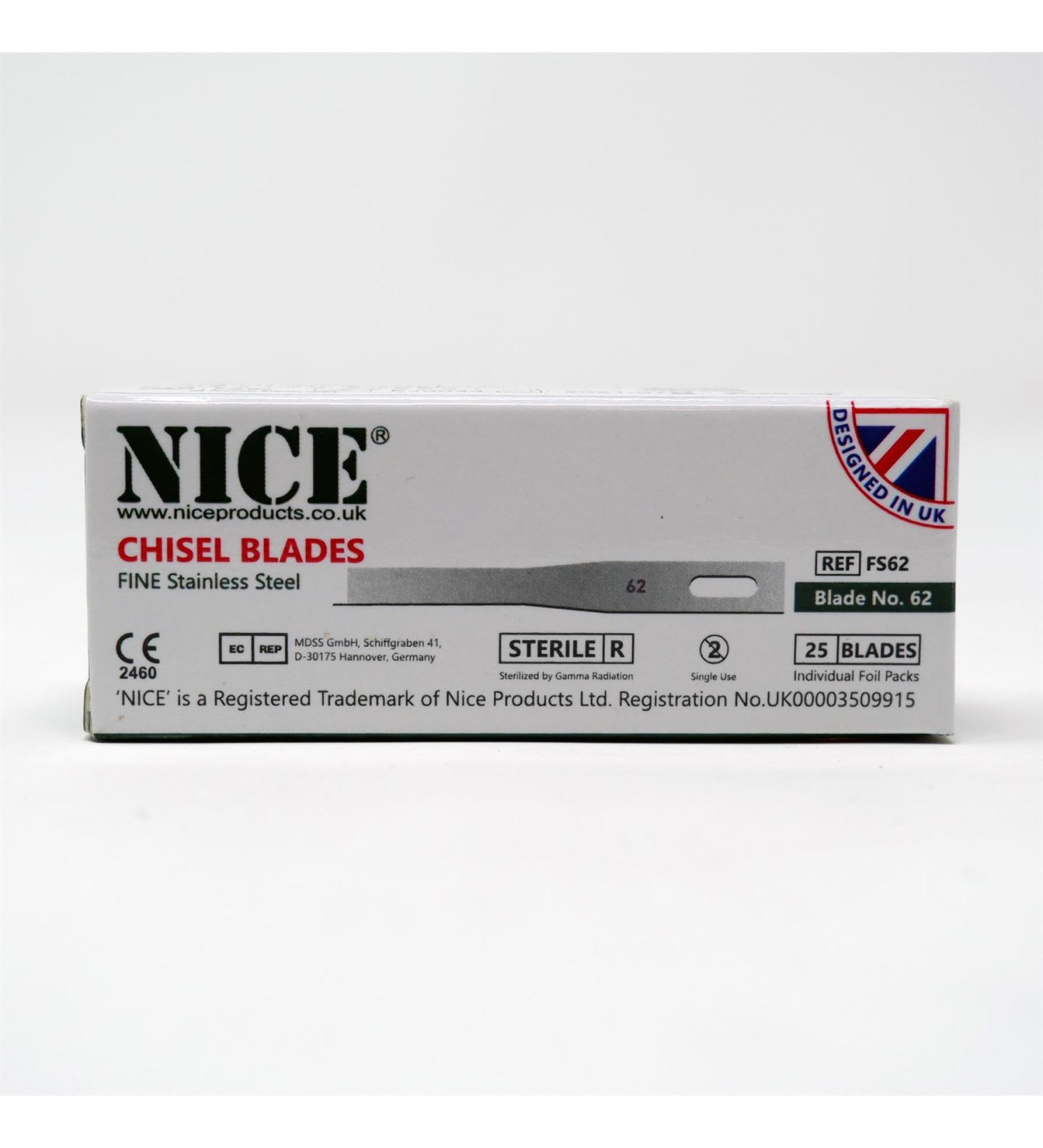 25 x NICE FINE 62 Sterile Stainless Steel Chisel Blades FS62 for Podiatry and Chiropody - Buy Online on GoSupps.com