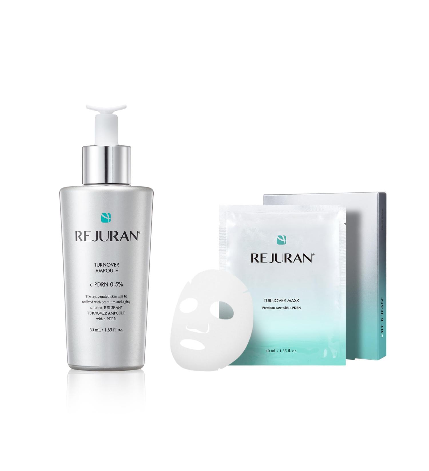 REJURAN Turnover Skincare Set with c-PDRN Salmon DNA Face Serum & Sheet Mask Duo for Firming Hydrating and Radiant Glass Skin Korean Anti-Aging Ampoule & Mask (1.69 fl oz + 5 Masks) - Buy Online on GoSupps.com