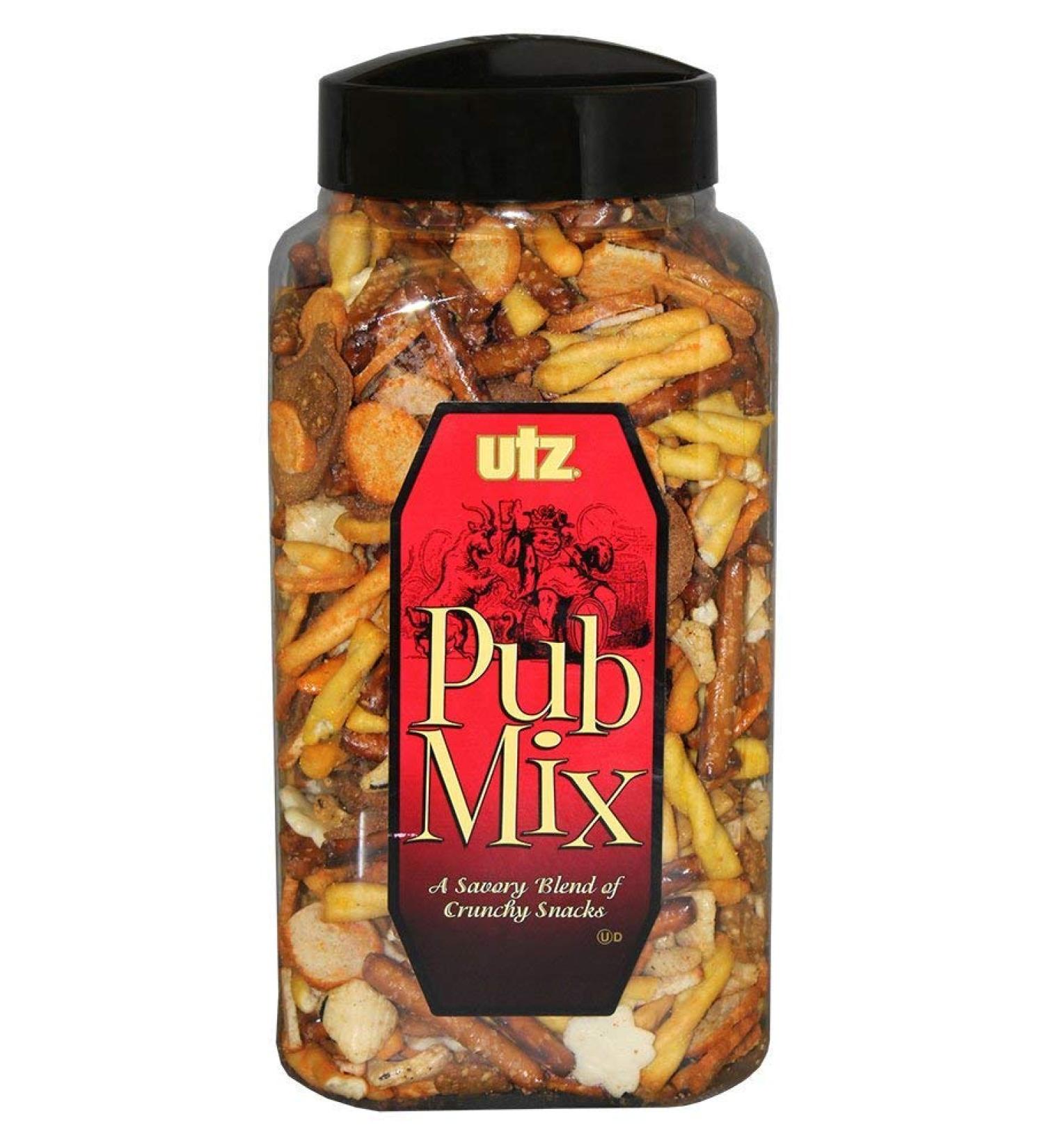 Utz Pub Mix - 44 Ounce Barrel - Savory Party Snack Blend - Resealable Container - Cholesterol & Trans-Fat Free - Buy Online on GoSupps.com
