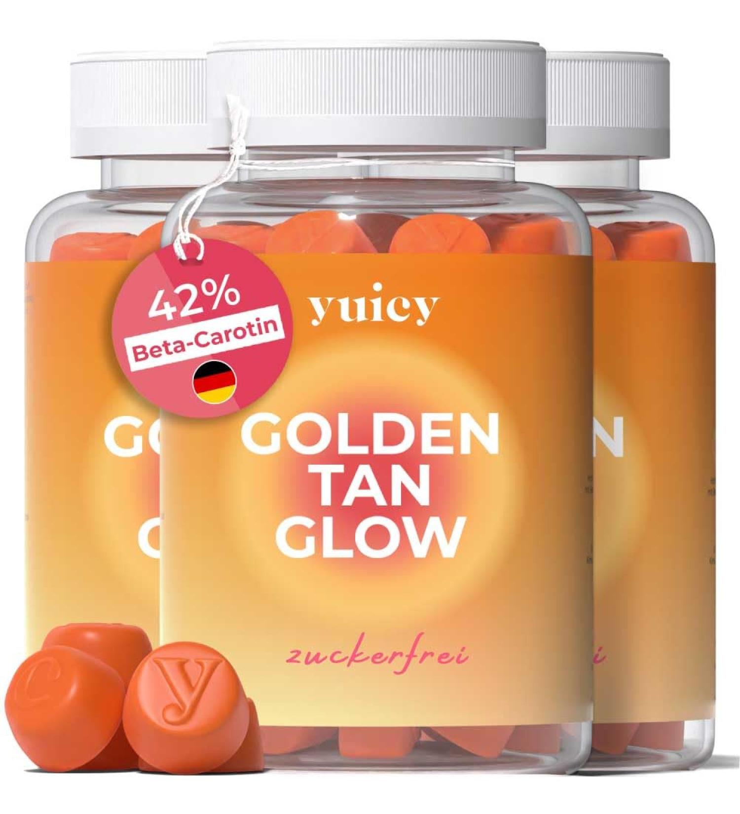 Yuicy Golden Tan Glow Beta-Carotene Gummy Bears | High-Dose Skin Vitamins for Long-Lasting Tan & Healthy Skin | Vegan | 180 Soft Gums - Triple Pack | Made in Germany - Buy Online on GoSupps.com