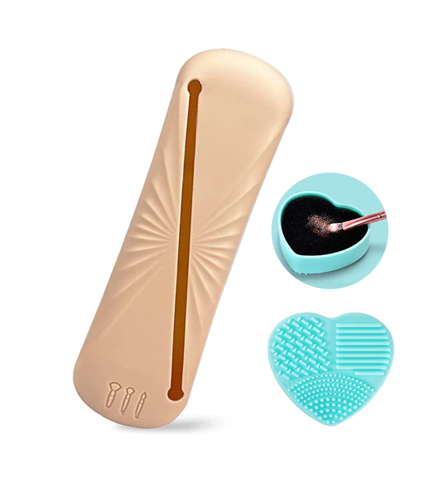 Travel Makeup Brush Holder | Silicone Portable Organizer & Cleaning Mat for Women | Essential Cosmetic Tools in Khaki - Buy Online on GoSupps.com