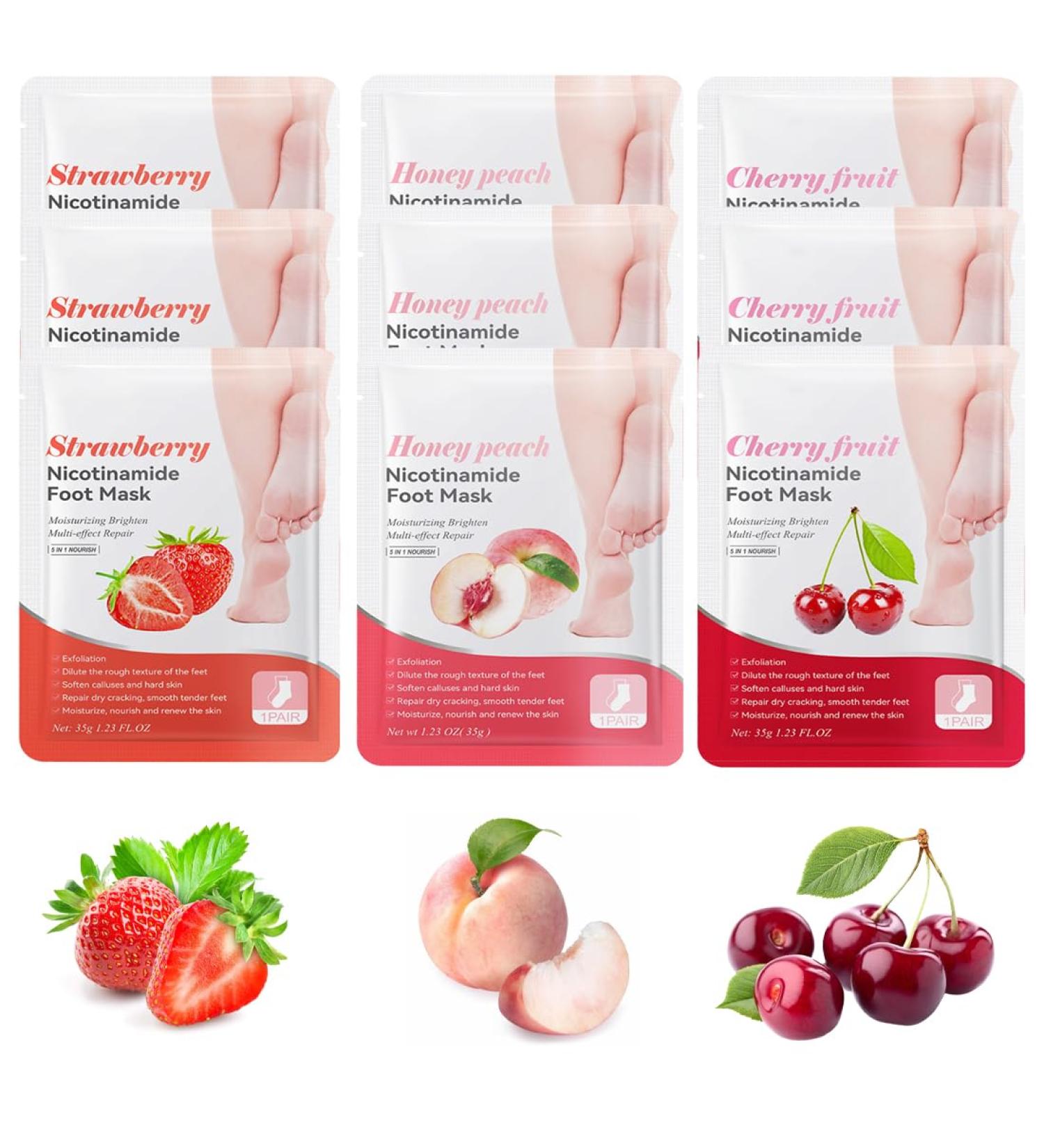 9-Piece Nourishing Foot Mask Niacinamide Foot Mask Callus Cream Foot Socks Moisturising Cream Dry and Cracked Foot Care Callus Removal (Peach + Cherry + Strawberry) - Buy Online on GoSupps.com