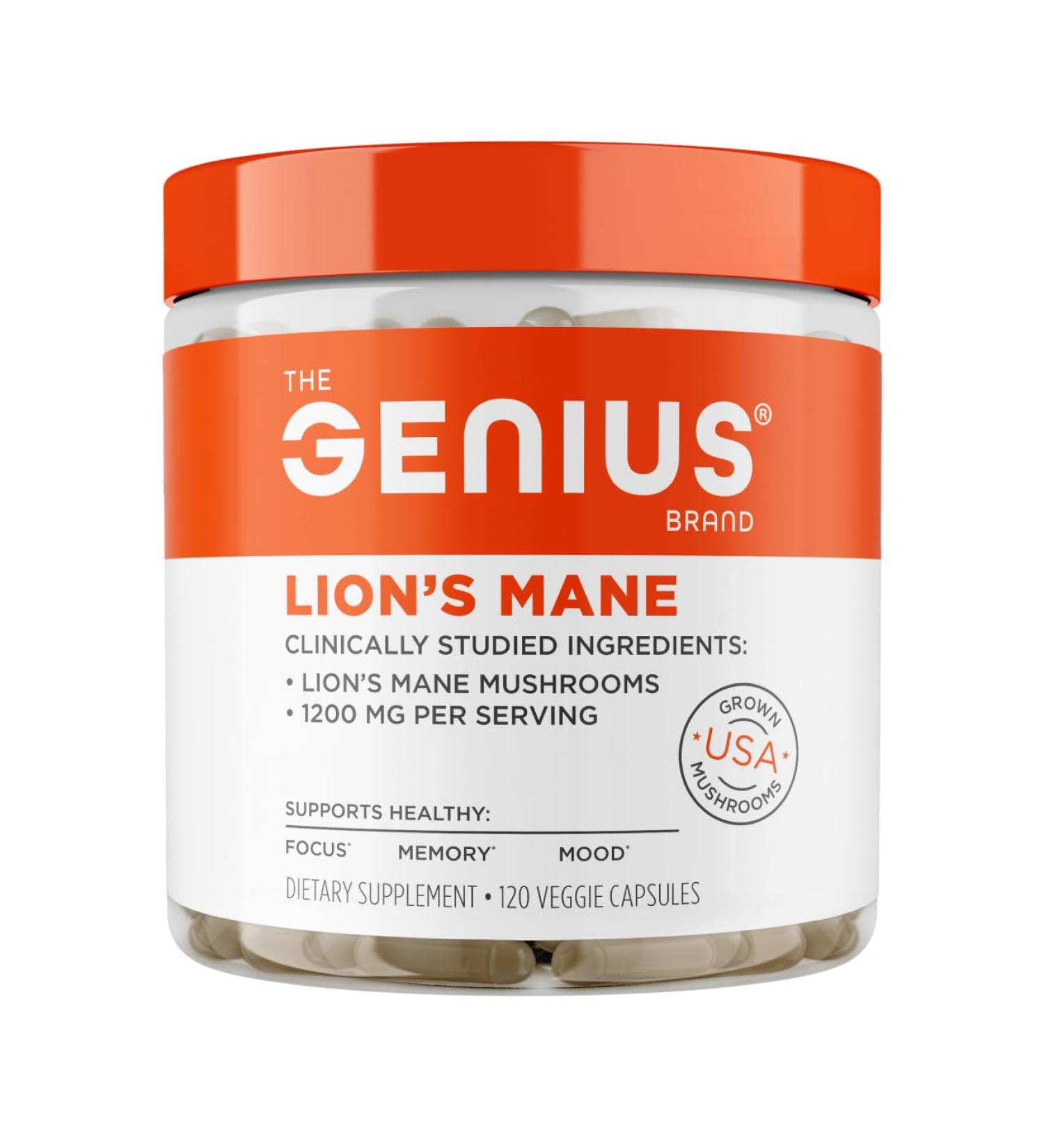 The Genius Brand Genius Lion's Mane - Plant-Based Supplement for Memory, Focus & Mood Support - Organic & Non-GMO - 120 Veggie Capsules - Buy Online on GoSupps.com