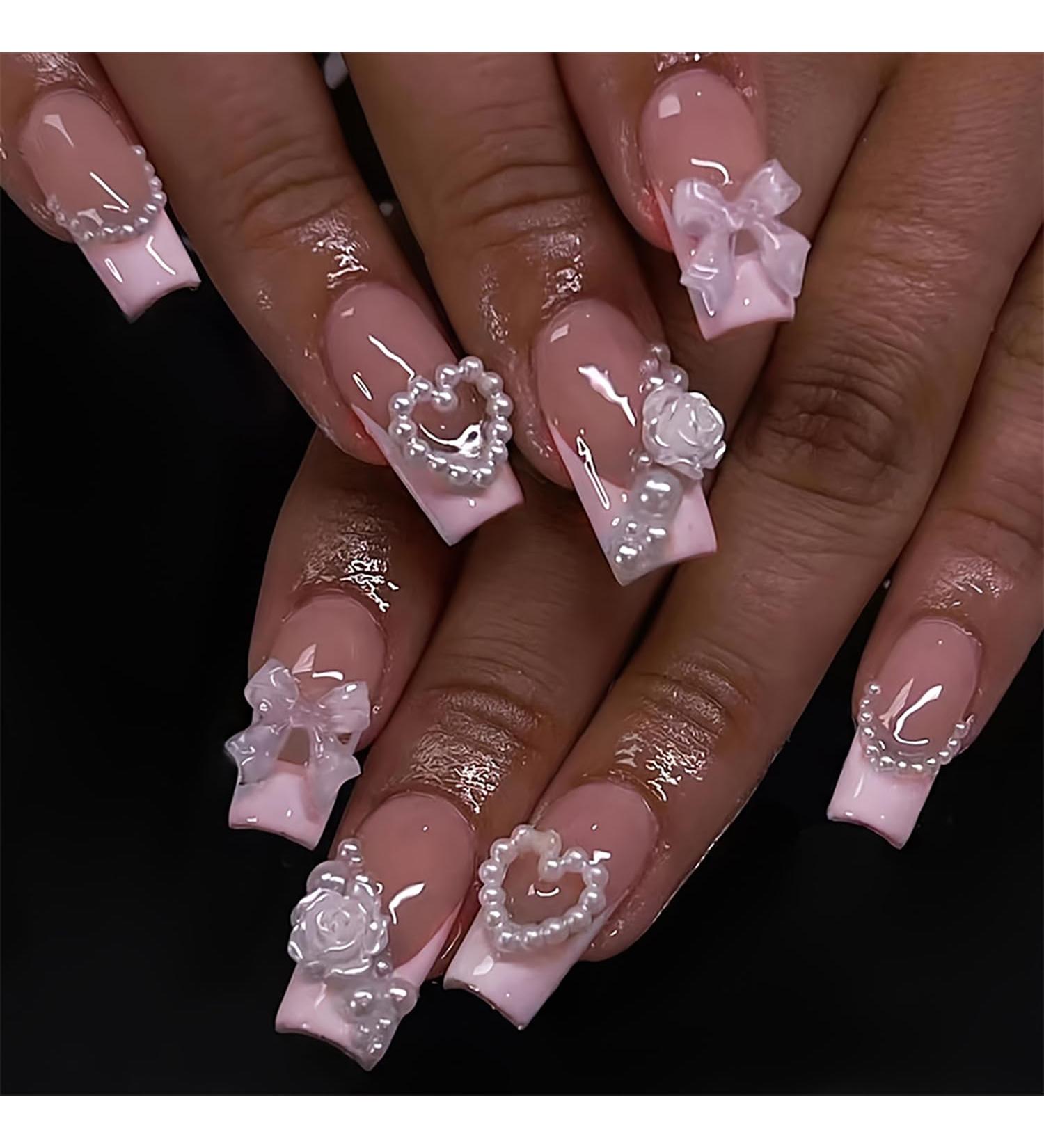 Press on Nails - Medium Square Love Heart Pearl - 24Pcs Reusable French Fake Nails with Flower & Bow Tie Design - Artificial Acrylic Coffin Nails for Women - Buy Online on GoSupps.com
