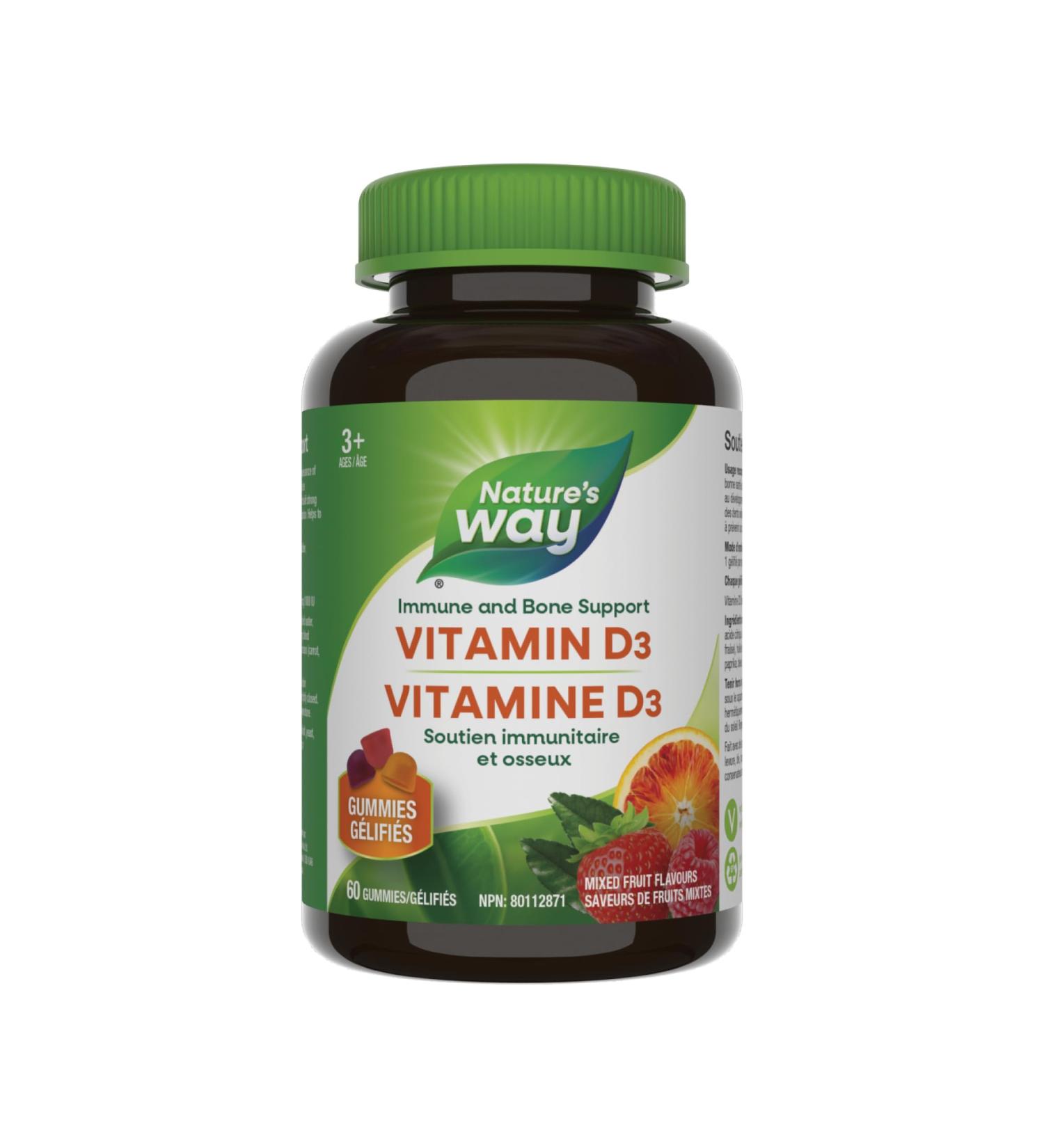 Nature's Way Vitamin D Gummies - Immune and Bone Support - 1000 IU Vitamin D3 per gummy - Strawberry Peach and Mango Flavoured Gummies - 60 Gummies - Buy Online on GoSupps.com