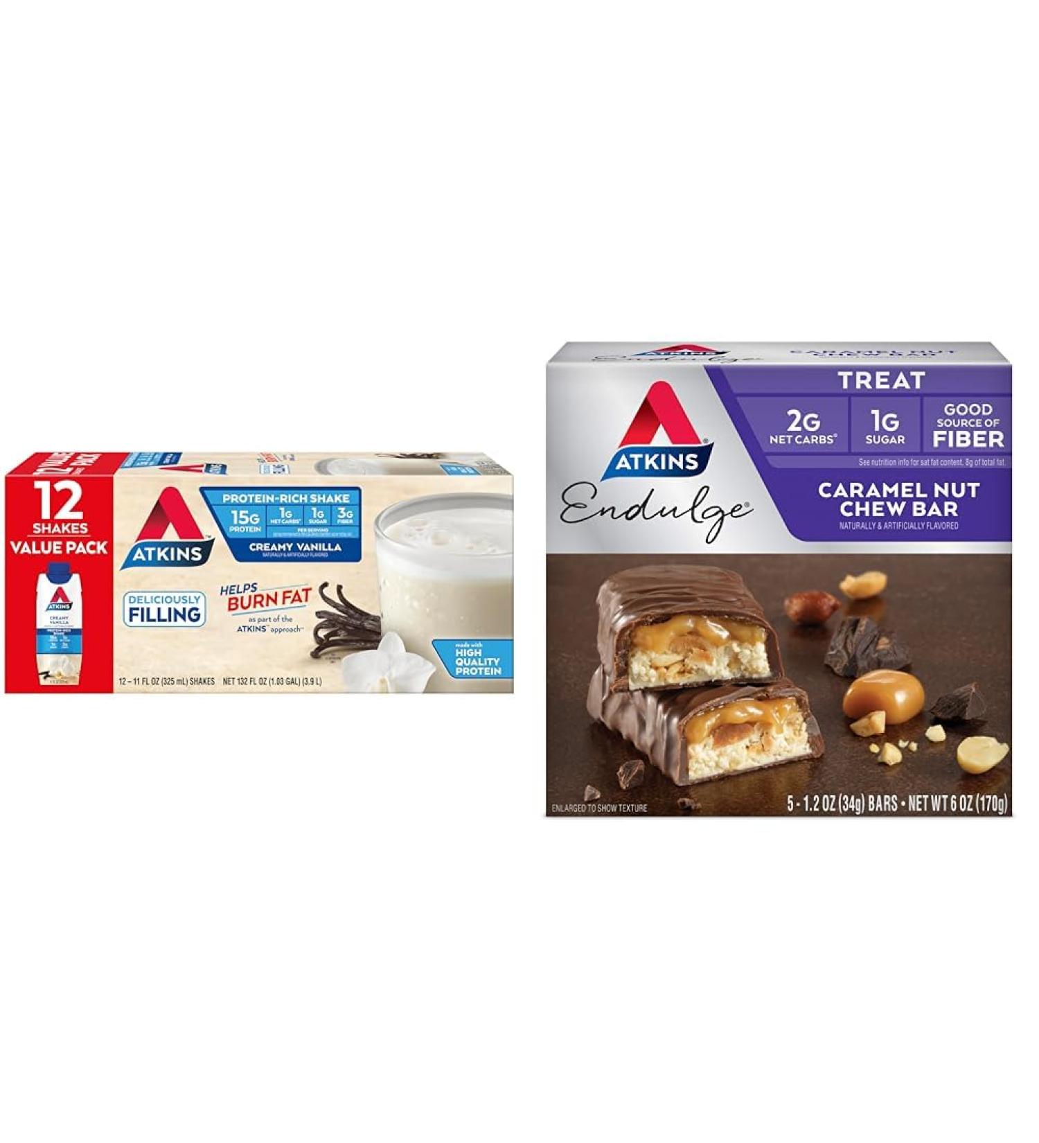 Atkins Creamy Vanilla Protein Shake 15g Protein 12 Count and Caramel Nut Chew Bar Dessert Favorite 5 Count Bundle - Buy Online on GoSupps.com