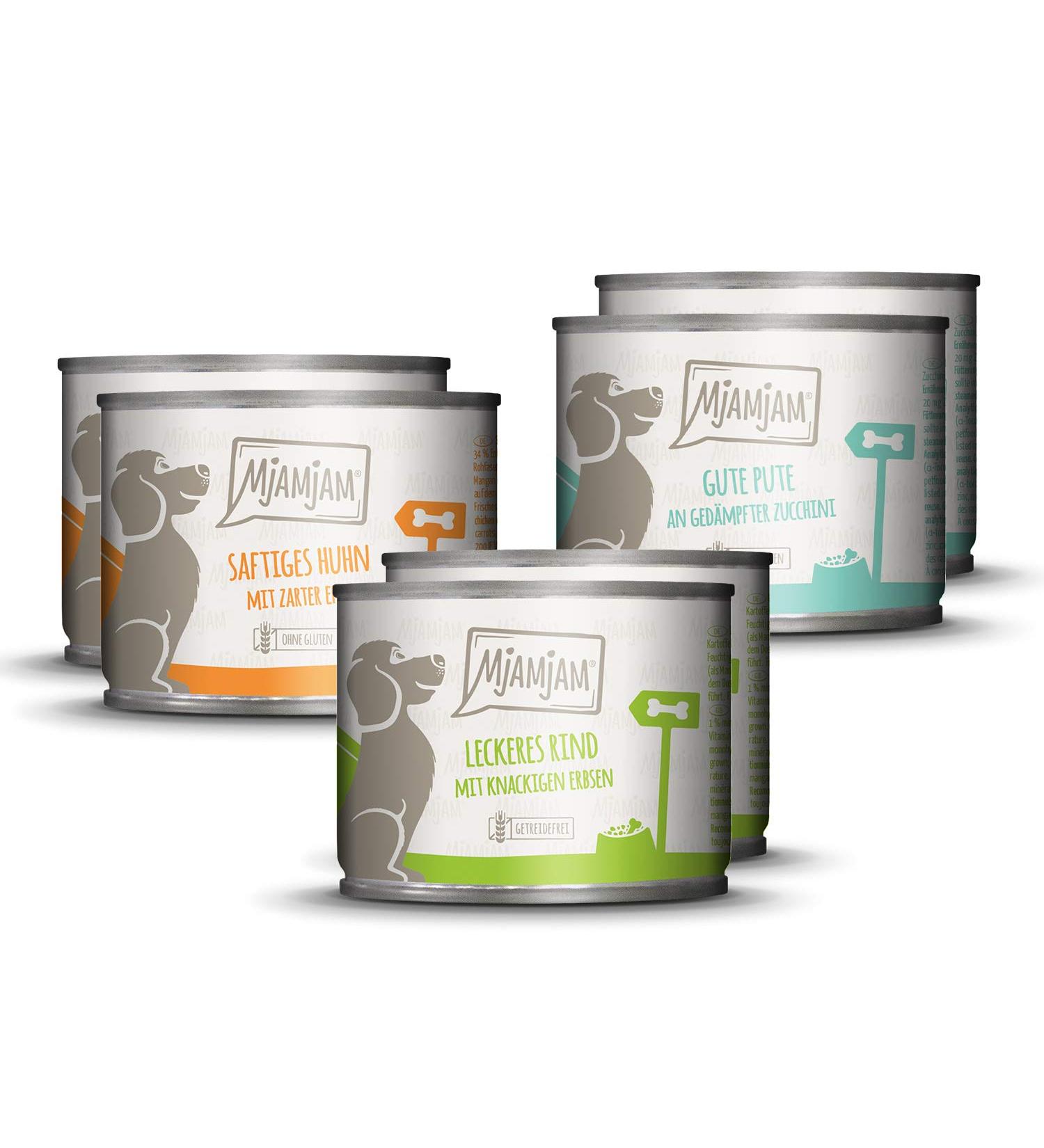MjAMjAM - premium wet food for dogs - mixed pack I - chicken & duck beef turkey 6 pack (6 x 200 g) plain with meat supplement - Buy Online on GoSupps.com