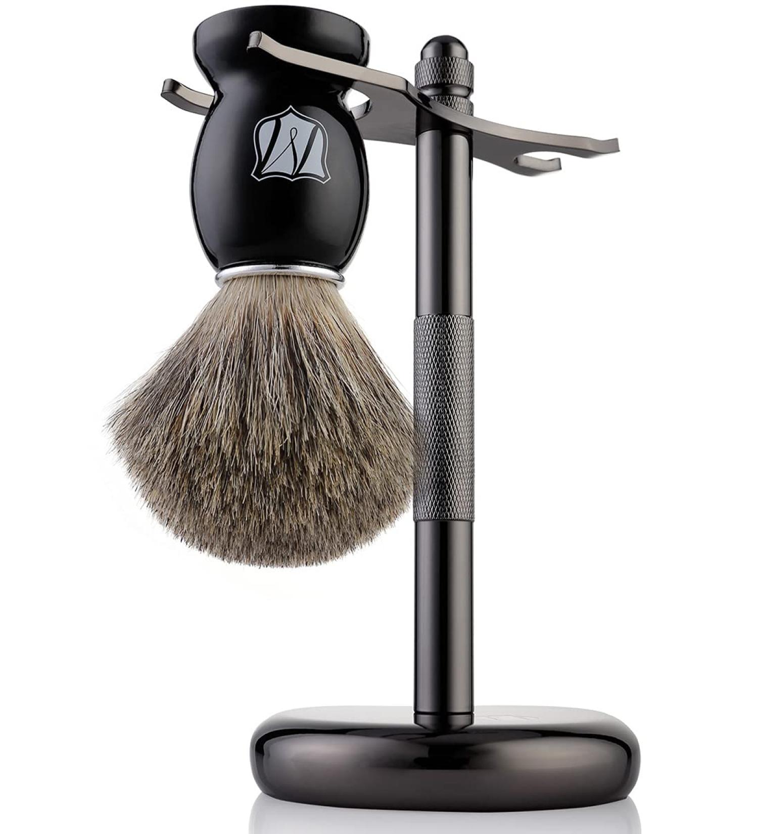 Miusco Natural Badger Hair Shaving Brush and Stand Set | Dark Chrome | Black | Compatible with Safety, Cartridge, & Disposable Razor - Buy Online on GoSupps.com