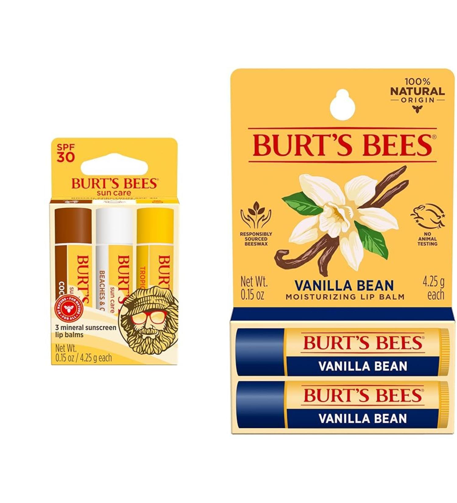 Burt's Bees SPF 30 Lip Balm Island Getaway 3-Pack 0.15 oz & Vanilla Bean Lip Balm 2-Pack 0.15 oz - Buy Online on GoSupps.com