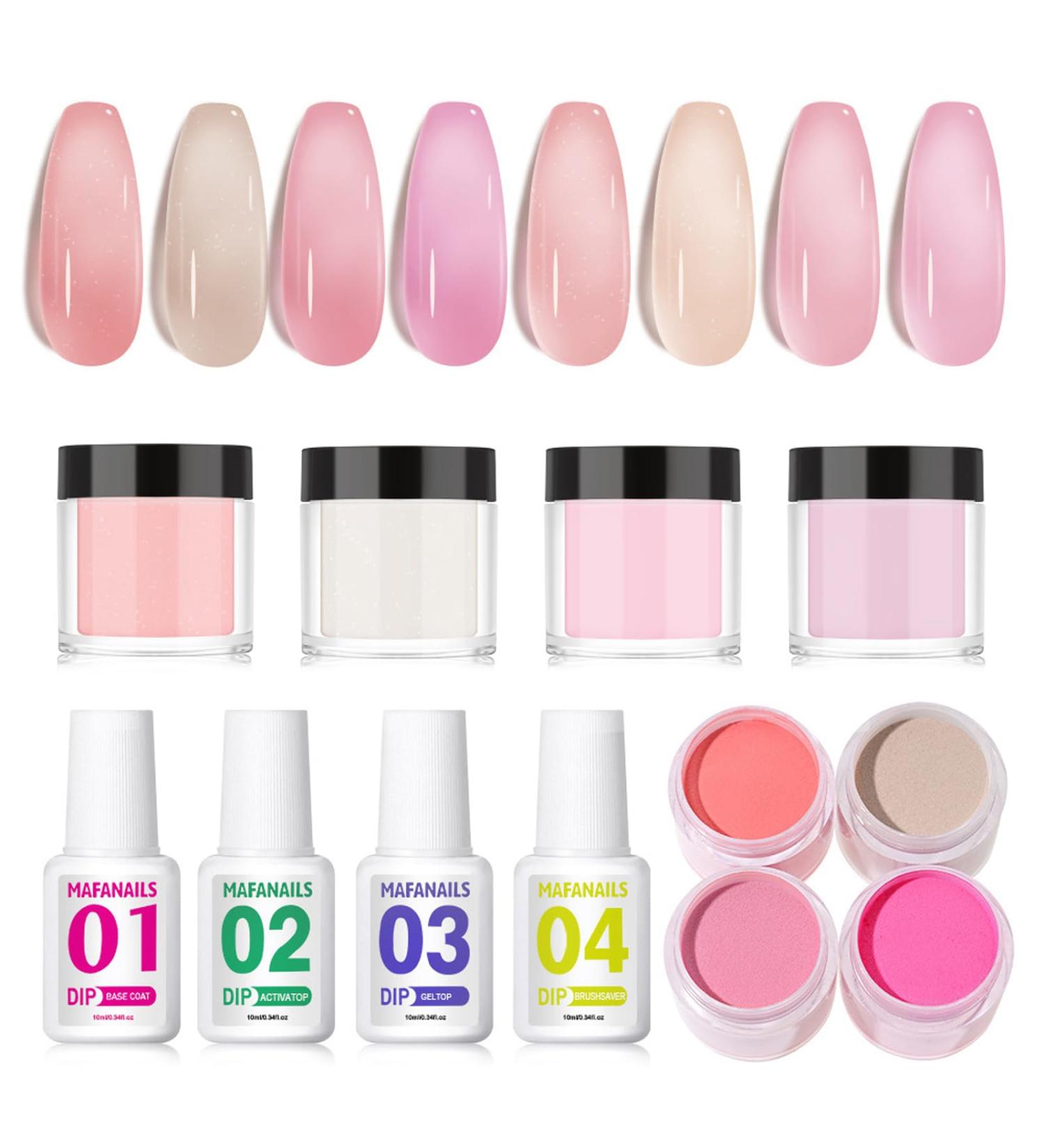 Nail Dipping Powder Kit - Jelly Pink Dip Powder Nail Set - 4 Colors Nail Art System with Base, Top Coat, Activator - No UV/LED Needed for Beginners - Buy Online on GoSupps.com