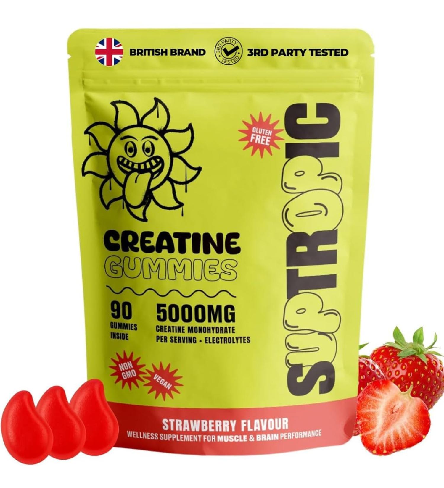 SUPTROPIC Creatine Gummies for Men & Women 30 Servings - 5g Vegan Creatine Monohydrate Gummies with Electrolytes Vitamin D3 & Zero Sugar Chewable Gummy Supplement for Muscle Strength & Recovery - Buy Online on GoSupps.com