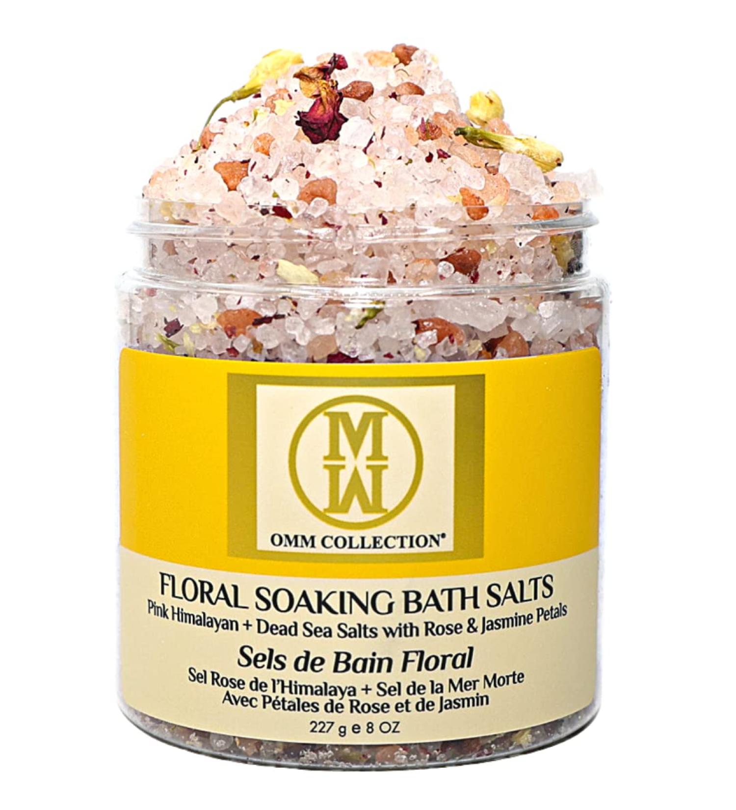 OMM Natural Floral Bath Salt with Rose & Jasmine Petals - Detox Body & Foot Soak, Relaxing Sore Muscles - Pink Himalayan & Dead Sea Salt Flakes - Buy Online on GoSupps.com