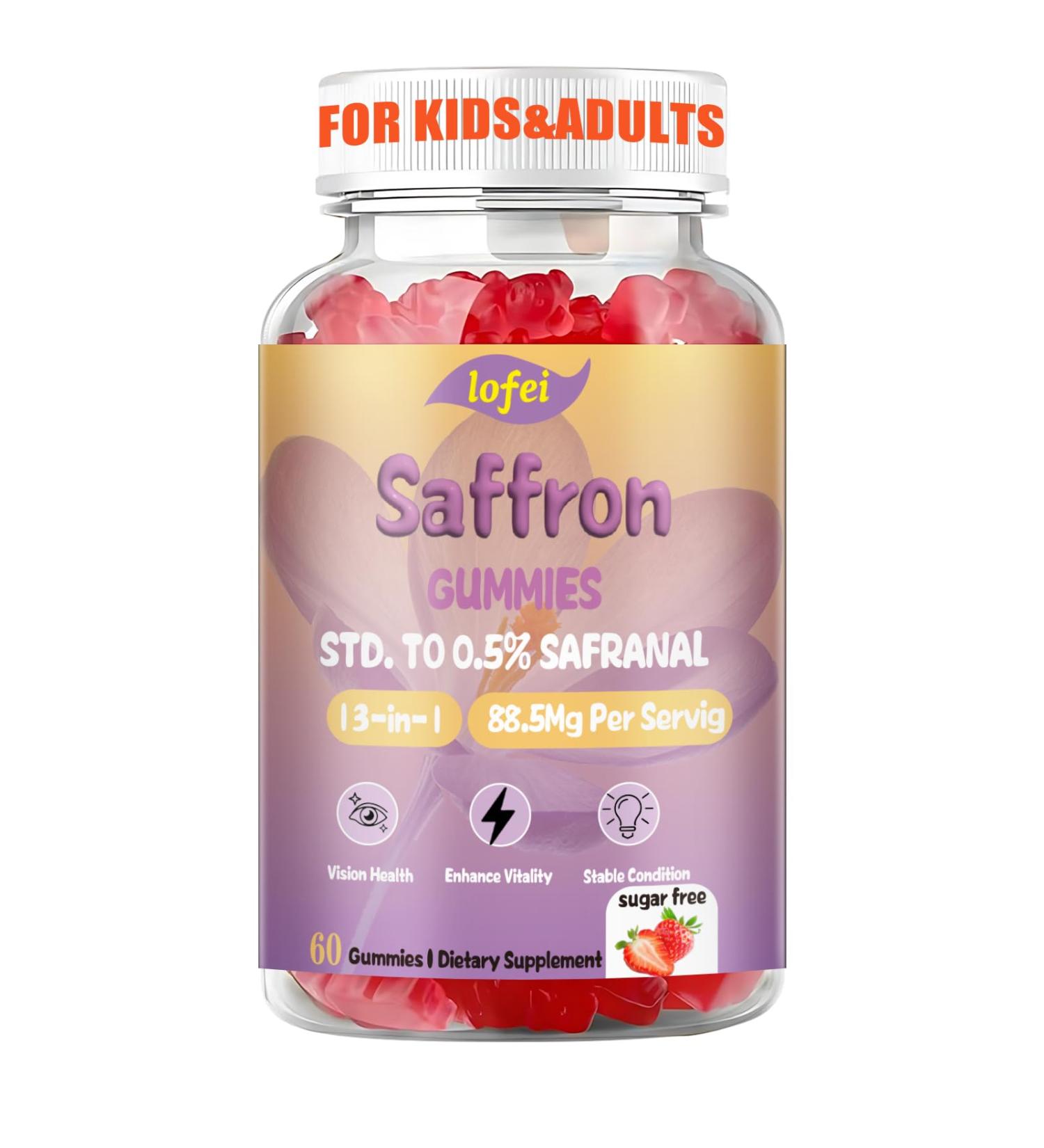 Lofei Saffron Supplements Gummies for Kids & Adult 12-in-1 Formula with Saffron 88.5mg Vitamin B6 D3 B12 Magnesium Zinc St.John's Wort Ashwagandha Support Zzz Strawberry Flavor 60 Count(Pack of 1) - Buy Online on GoSupps.com