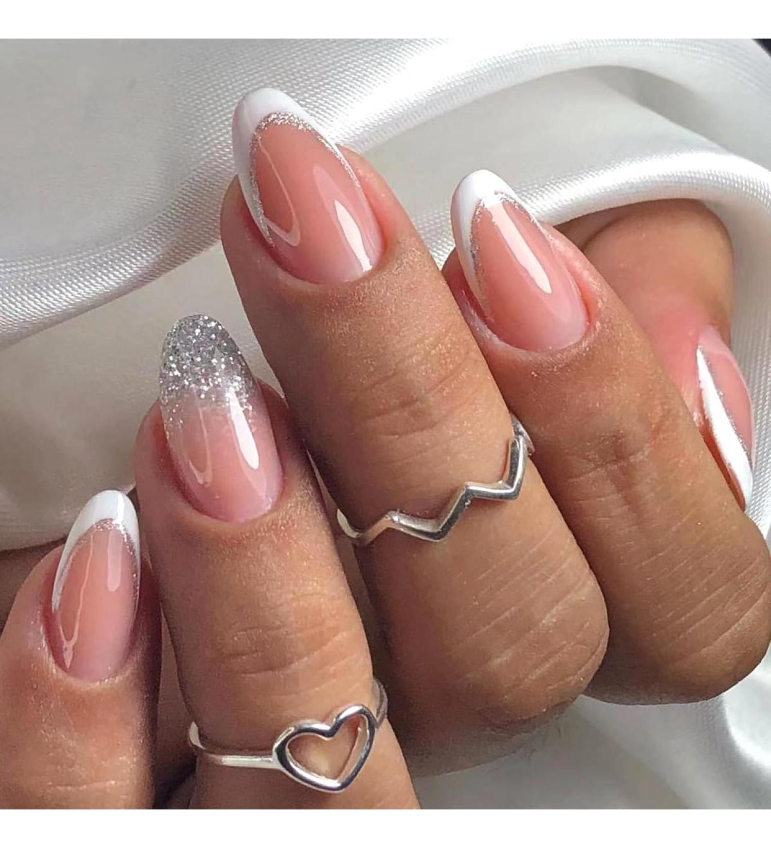 Danshinbow 24 Pieces French Oval False Nails Pink Silver Glitter Powder Print on Nails for Women and Girls - Buy Online on GoSupps.com