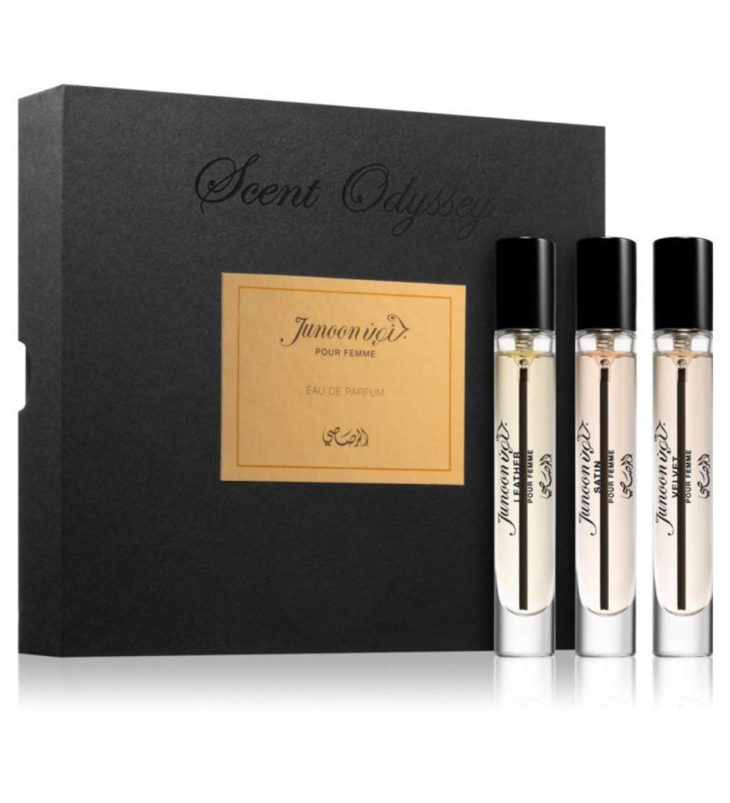 RASASI Scent Odyssey Junoon Pour Femme Collection - 7.5ML in Set of 3 | Experience this Series of Sophisticated Modern Orientals | Velvet Leather and Satin - Buy Online on GoSupps.com