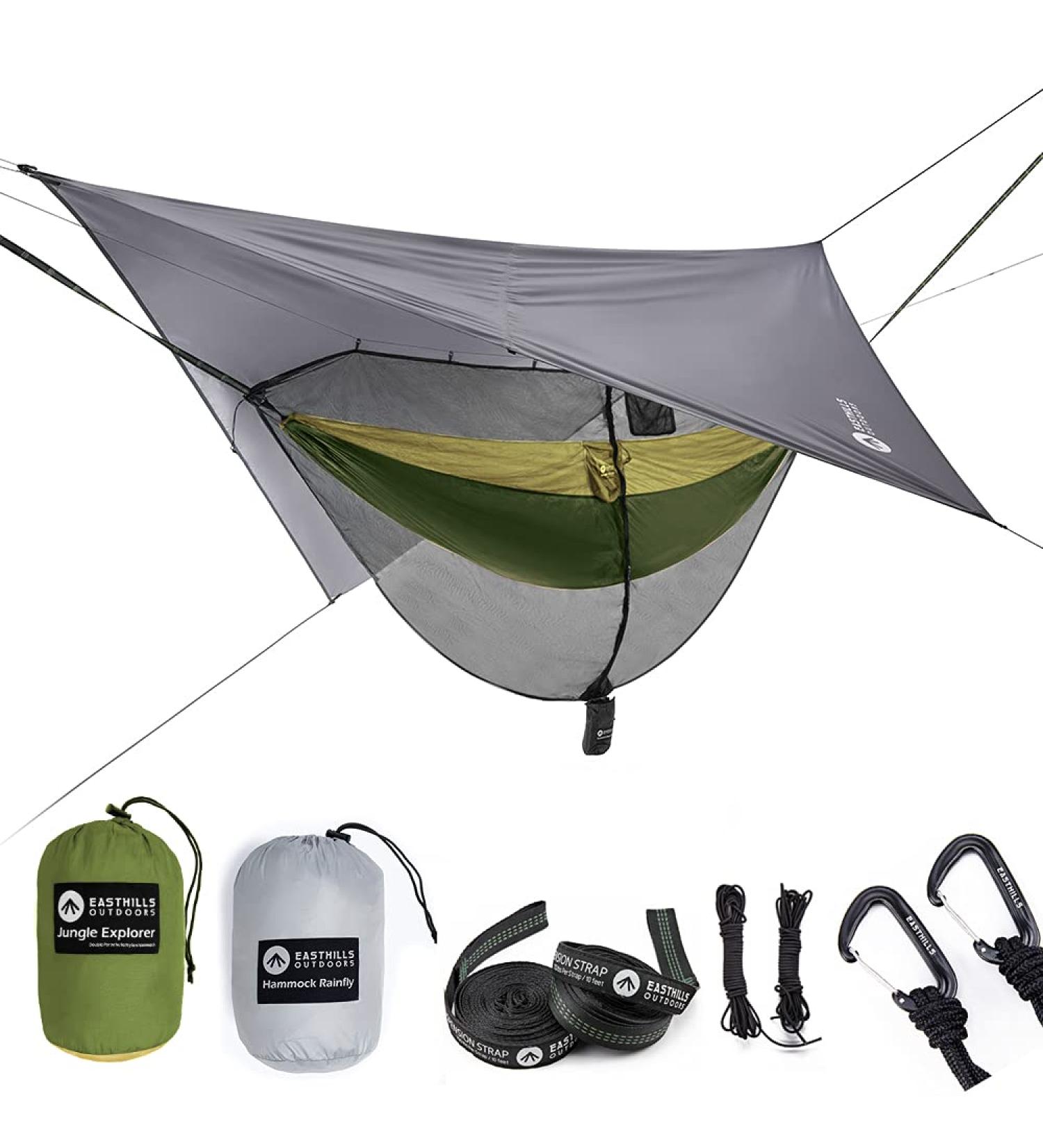 Easthills Outdoors Jungle Explorer Double Camping Hammock with Mosquito Net and Rainfly - 2 Person Portable Parachute Nylon Hammock (Khaki) - Buy Online on GoSupps.com