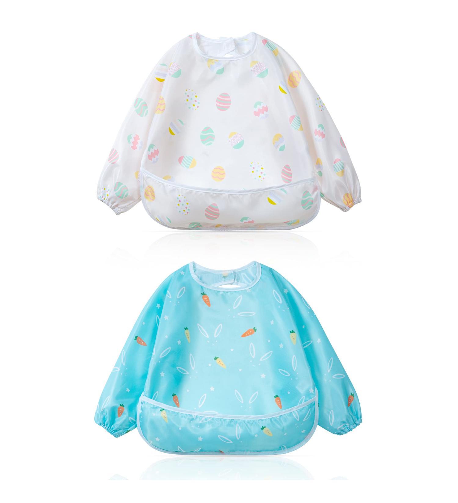 Little Dimsum Long Sleeved Waterproof Weaning Bib Set with Large Pocket - Eggs&Carrots Design | Toddler Feeding Apron for 6-36 Months - Buy Online on GoSupps.com