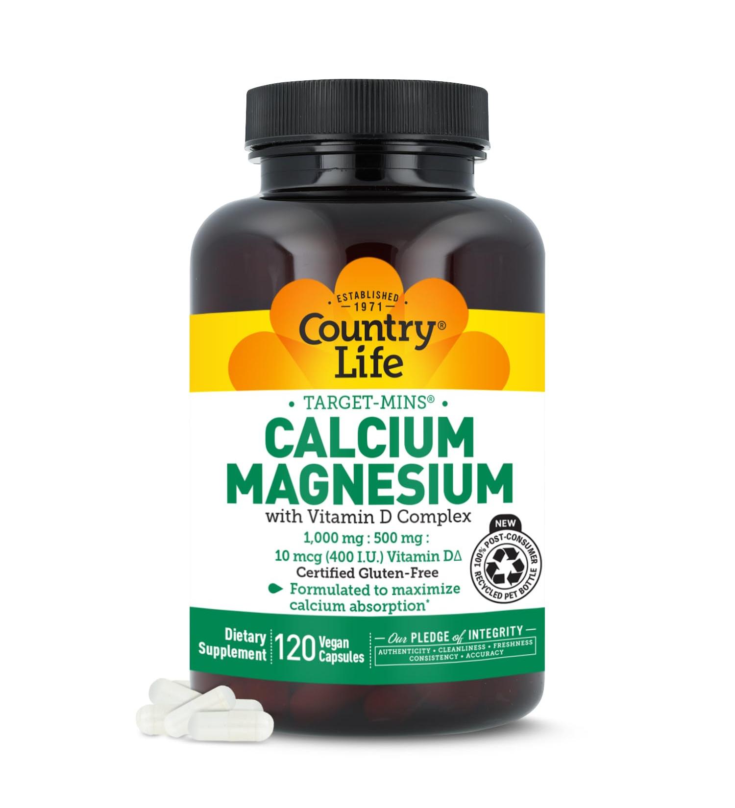 Country Life Target-Mins Calcium Magnesium with Vitamin D-Complex 1000mg/500mg/10mcg 120 Vegan Capsules Certified Gluten Free Certified Vegan Verified Non-GMO Verified Unflavored 120 Count (Pack of 1) - Buy Online on GoSupps.com
