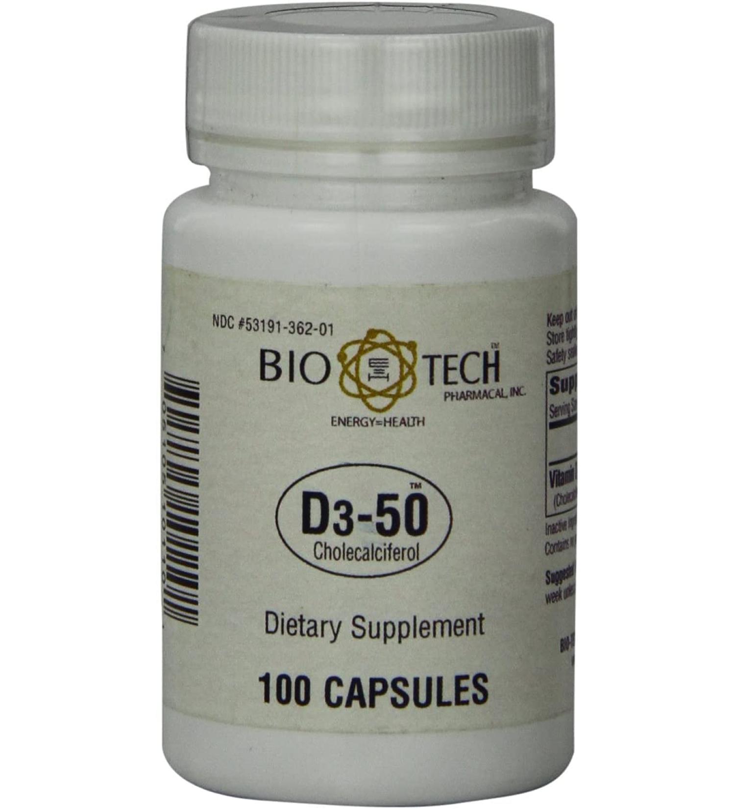 Bio-Tech Pharmacal D3-50 50,000 IU 100 Capsules All-Natural Supplement for Bone, Cardiovascular, Neuromuscular & Immune Health Dairy, Fish, Gluten, Peanut, Shellfish & Soy Free - Buy Online on GoSupps.com