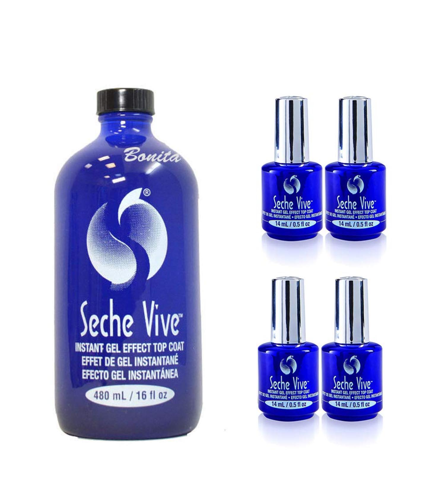 Seche Vive Professional Kit, Instant Gel Effect Top Coat for Nail Polish, 16 oz & 4 Packs of 0.5 oz Refill 16 Ounce & 4 Packs of 0.5 Ounce Refill