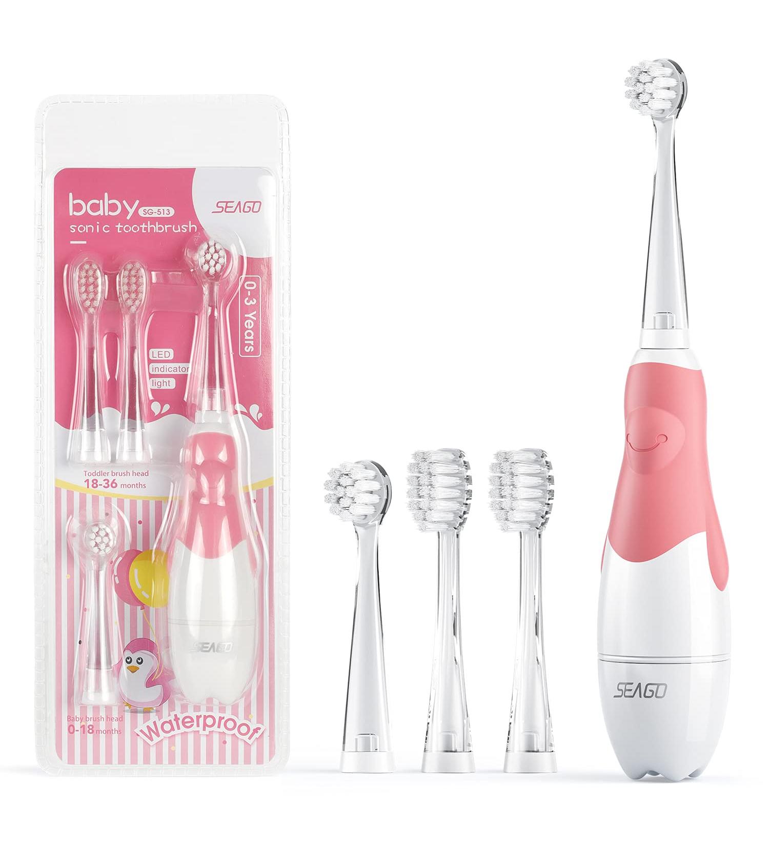 SEAGO SG-513 Electric Sound Toothbrush for Kids 0-3 Years | Waterproof IPX7 LED Light Smart Timer | Includes 4 Brush Heads (Pink) - Buy Online on GoSupps.com
