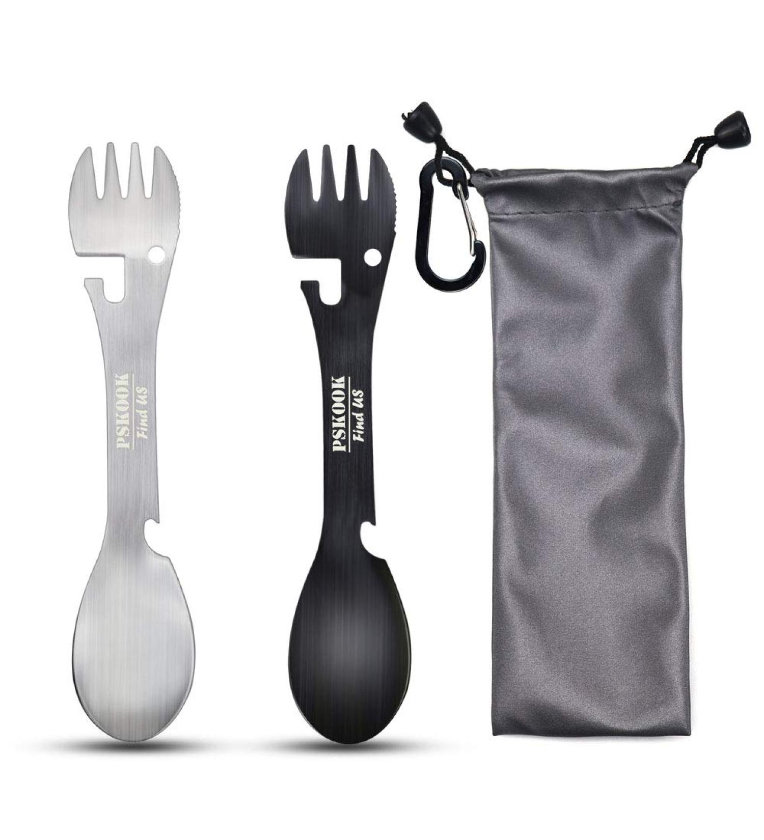 PSKOOK 5-in-1 Utility Tactical Spork  2-Pack Stainless Steel Spoon & Bottle Opener  Fork & Knife  Can Opener Combo Camping Utensil for Hiking  Camping or Backpacking (Black & Matte Silver) black+silver - Buy Online on GoSupps.com