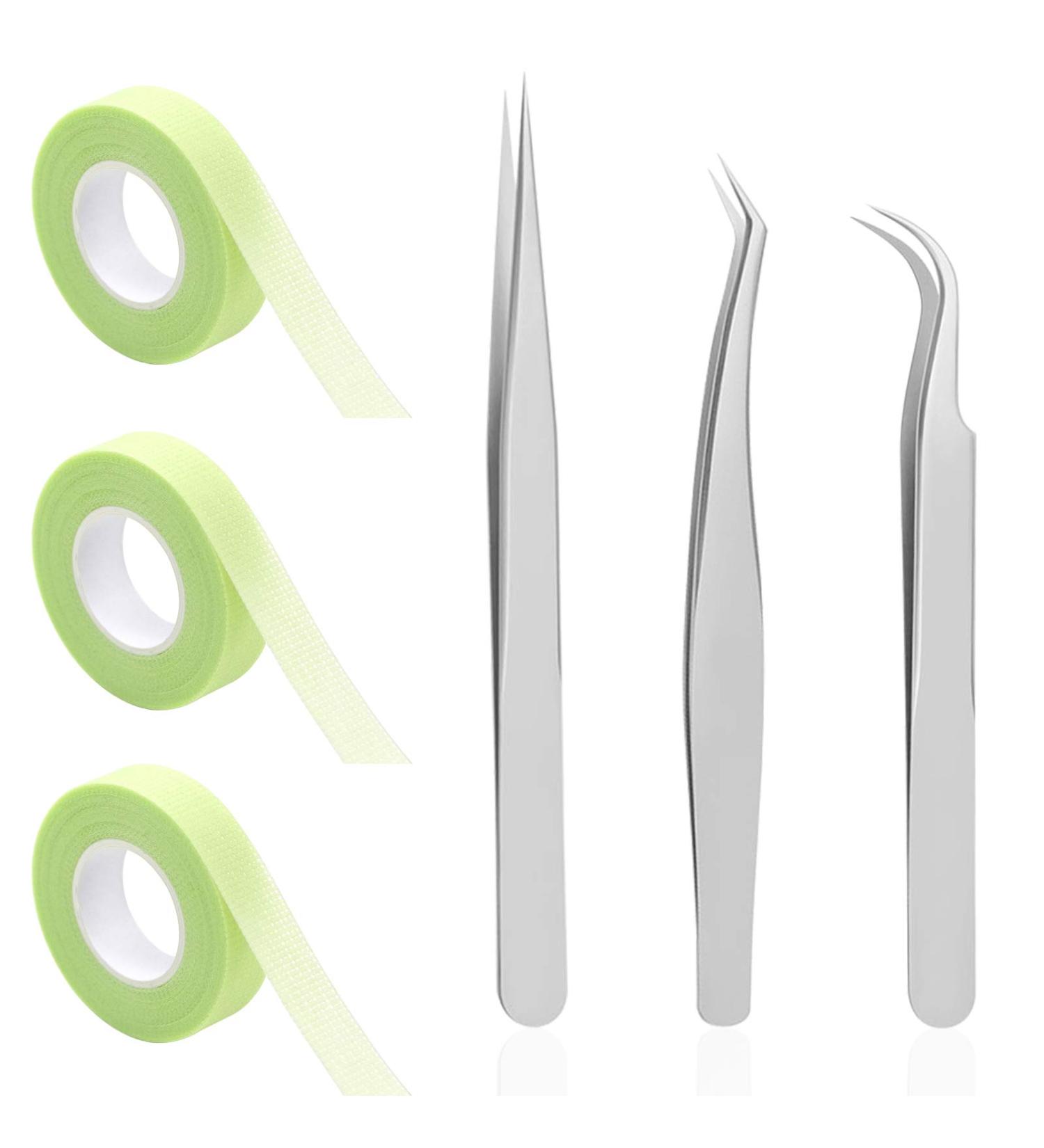 Eyelash Extension Tape Roll with Tweezers Set - Green Micropore Fabric Tape 0.5 Inch 10 Yards, 3 PCS Straight Pointed and Curved Silver Tweezers - Buy Online on GoSupps.com