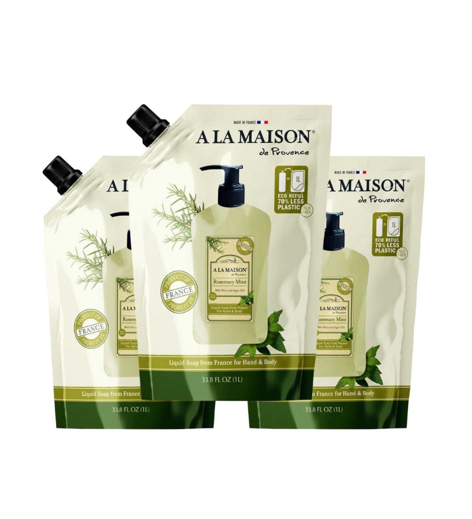 A LA MAISON French Liquid Hand Soap RefilL - Natural Hand Wash Made with Essential Oils - Biodegradable Plant-Based Vegan Cruelty-Free (33.8 Fl Oz Pouch 3 Pack Rosemary Mint) - Buy Online on GoSupps.com
