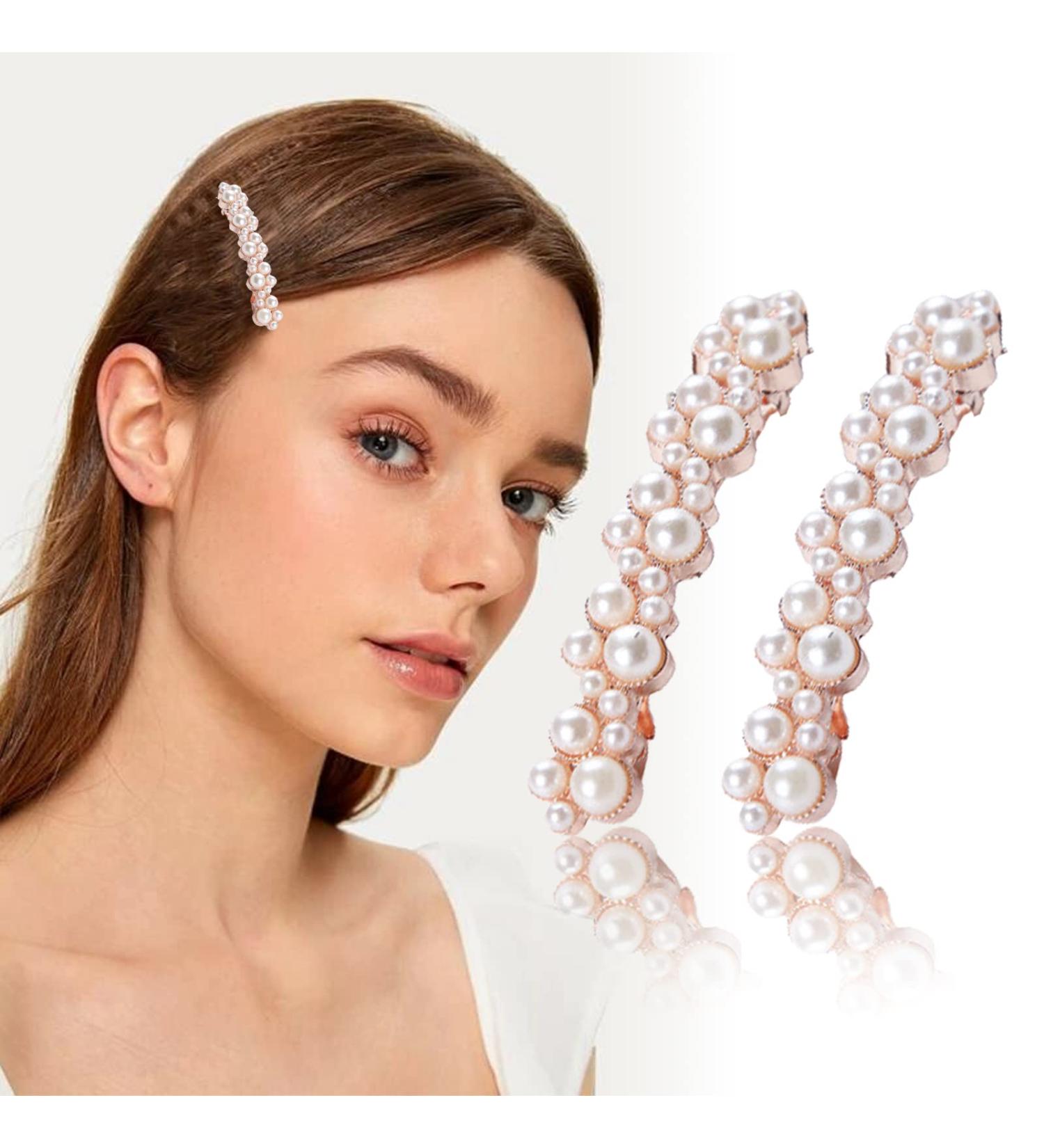 2Pcs Elegant Handmade Pearl Hair Clips | Gold Snap Barrettes for Styling | Durable Metal Alloy | 7cm x 1cm - Buy Online on GoSupps.com