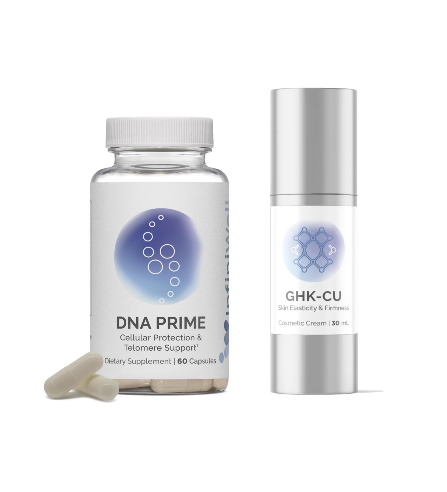 InfiniWell Skin Protocol GHK-Cu Peptide Face Serum (30 ml) + DNA Prime Telomere Supplement (60 Capsules) Support Skin Hydration Collagen Cellular Repair & Visible Anti-Aging from Within - Buy Online on GoSupps.com