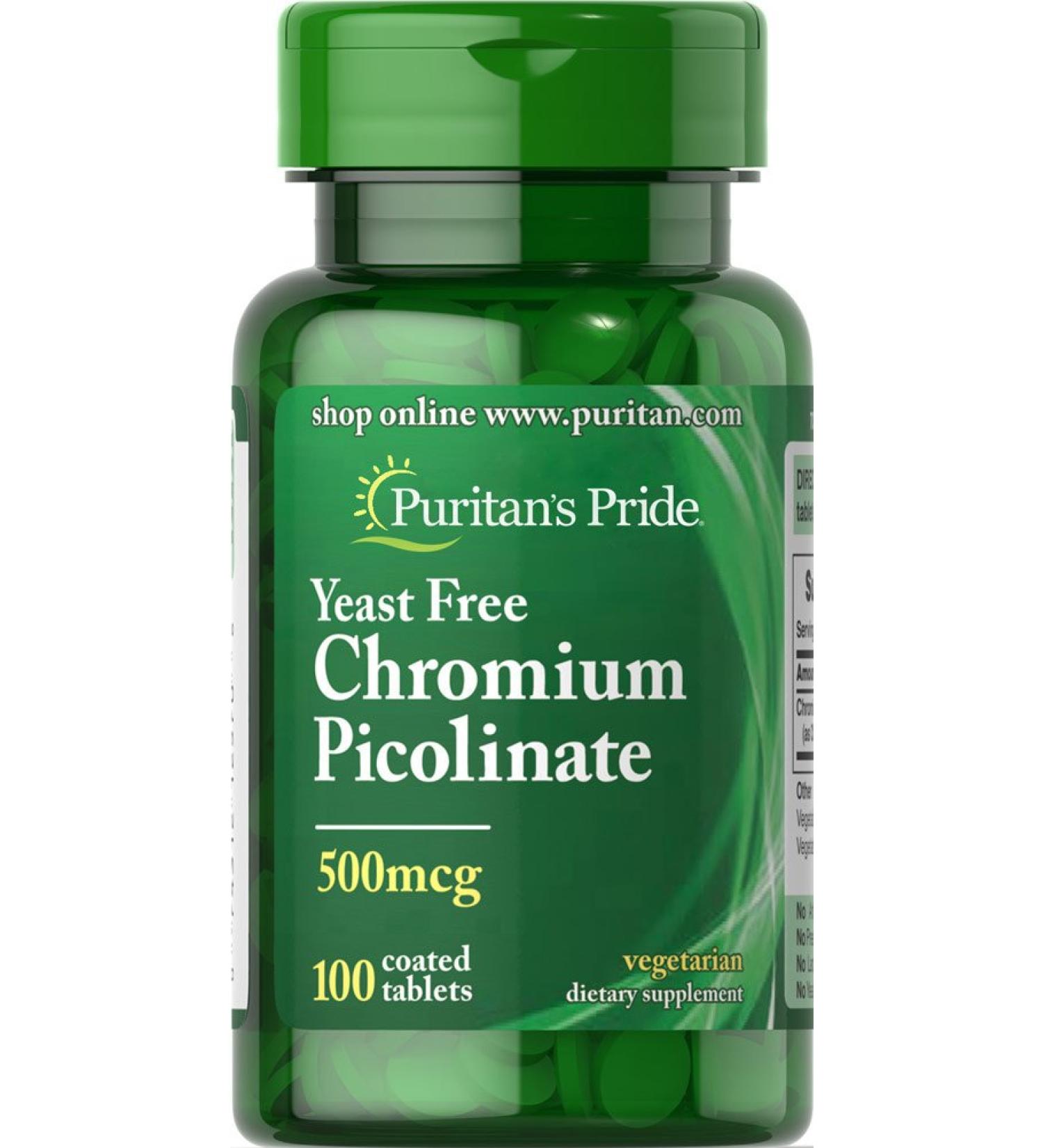Puritans Pride Chromium Picolinate 500 Mcg Yeast Free, 100 Count