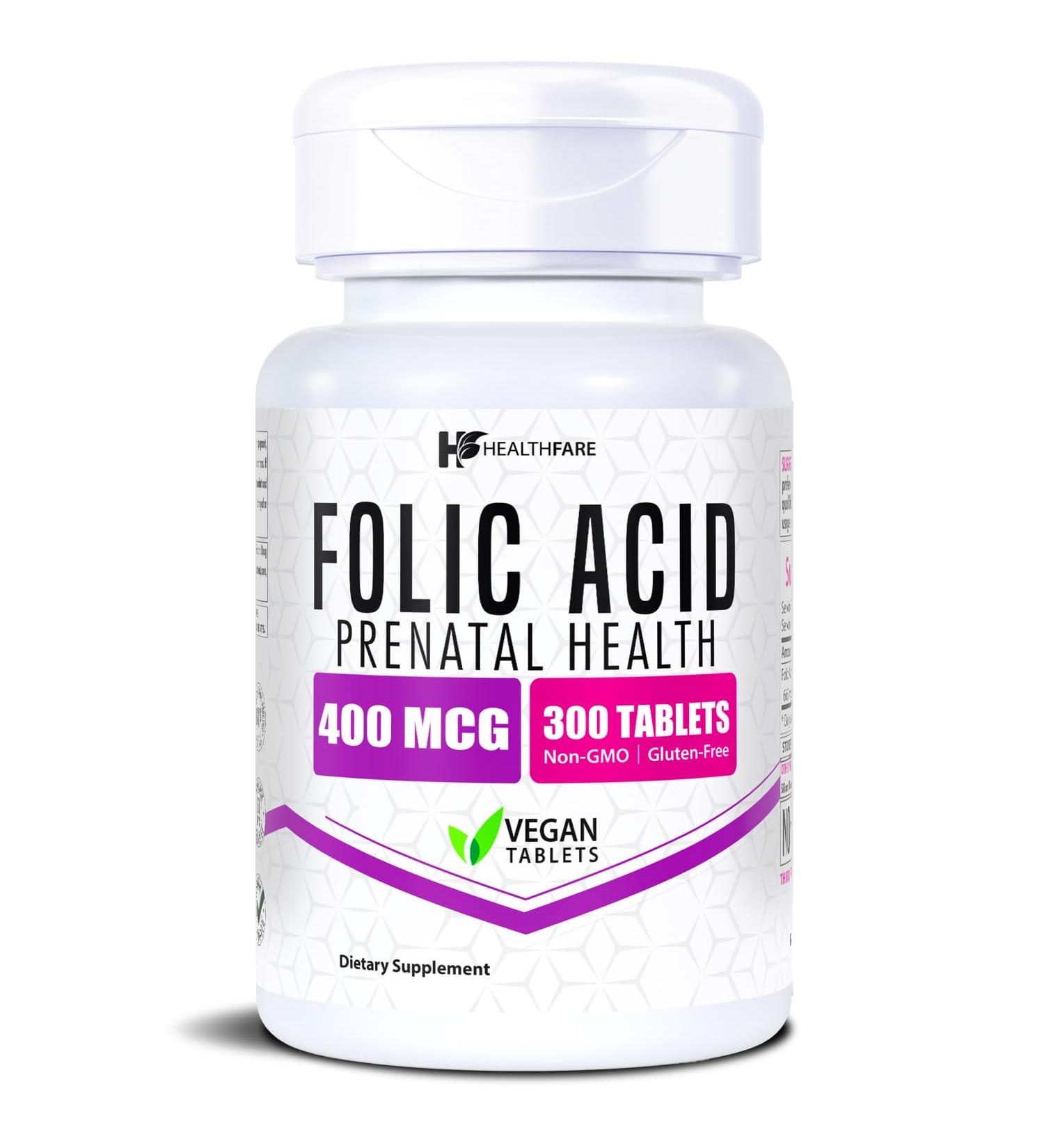 Healthfare Folic Acid 400mcg | 300 Veg Tablets | Folate Vitamin B9 | Gluten-Free | Non-GMO | Made in USA - Buy Online on GoSupps.com