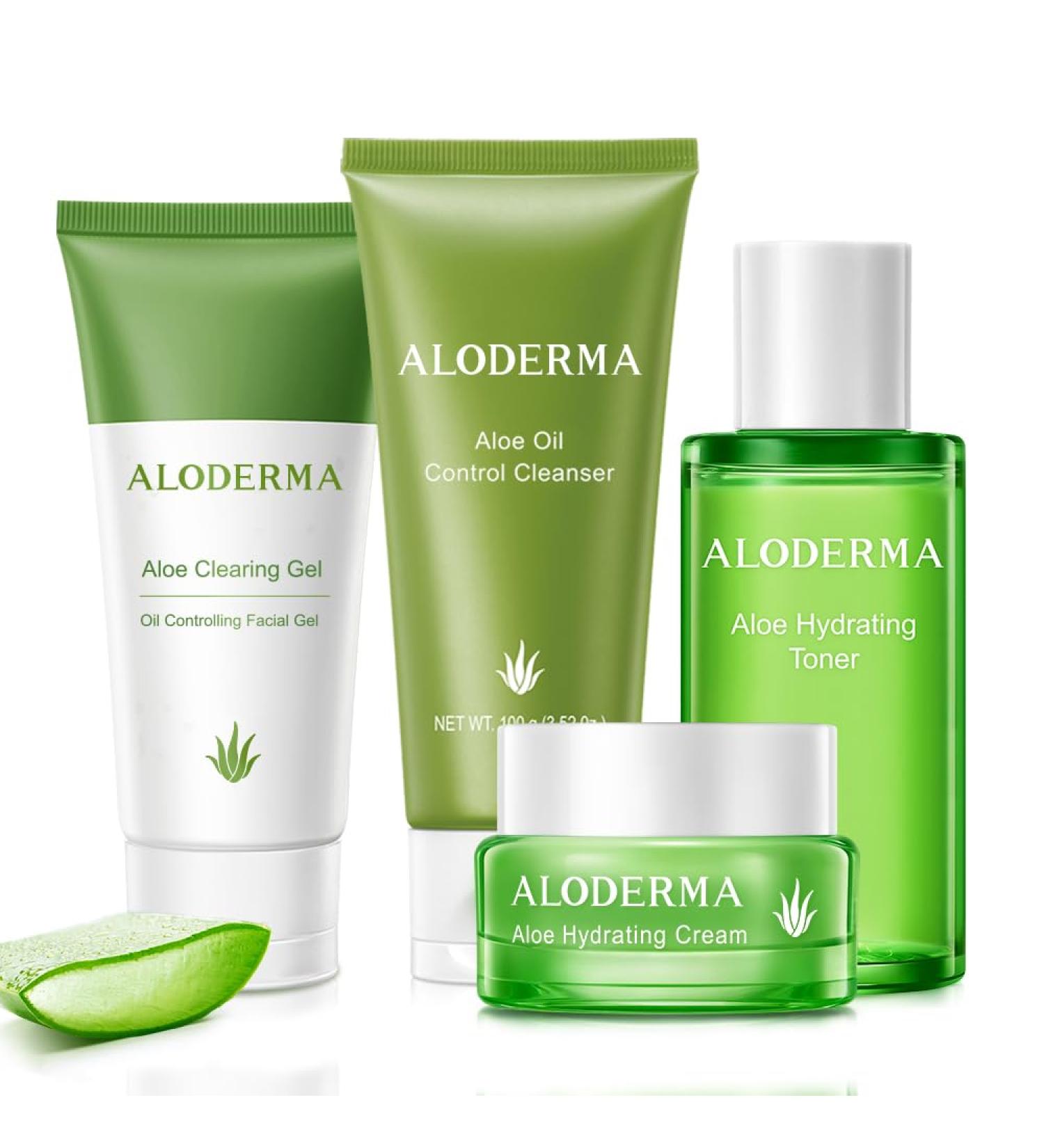 Aloderma Aloe Oil Controlling Set, 4 pcs - Aloe Clearing Gel, Oil Controlling Cleanser, Hydrating Cream, Hydrating Toner - Buy Online on GoSupps.com