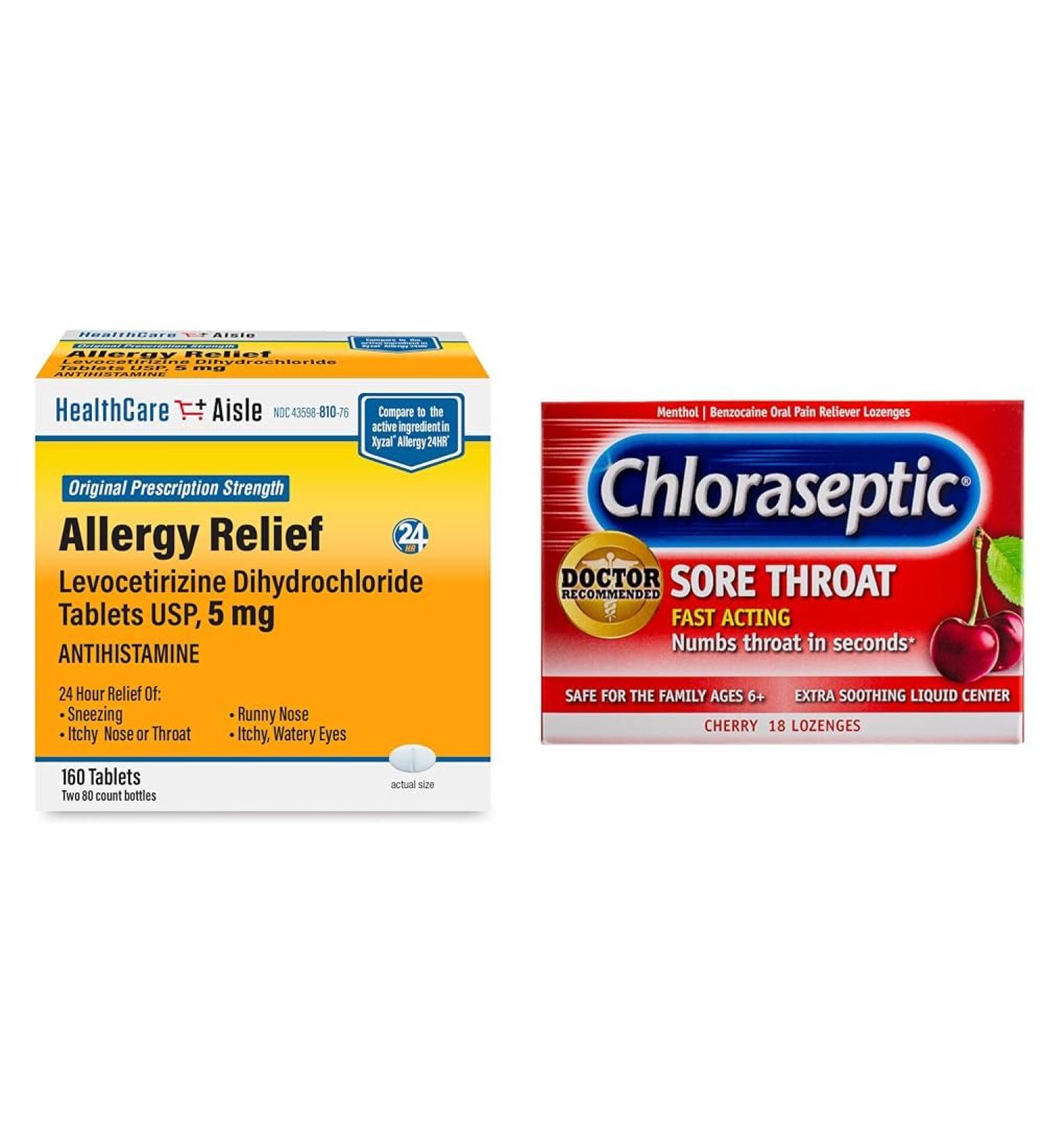 HealthCareAisle Allergy Relief - Levocetirizine Dihydrochloride Tablets USP 5 mg 160 Tablets (Pack of 2) + Chloraseptic Sore Throat Lozenges Cherry 18 Count - Buy Online on GoSupps.com
