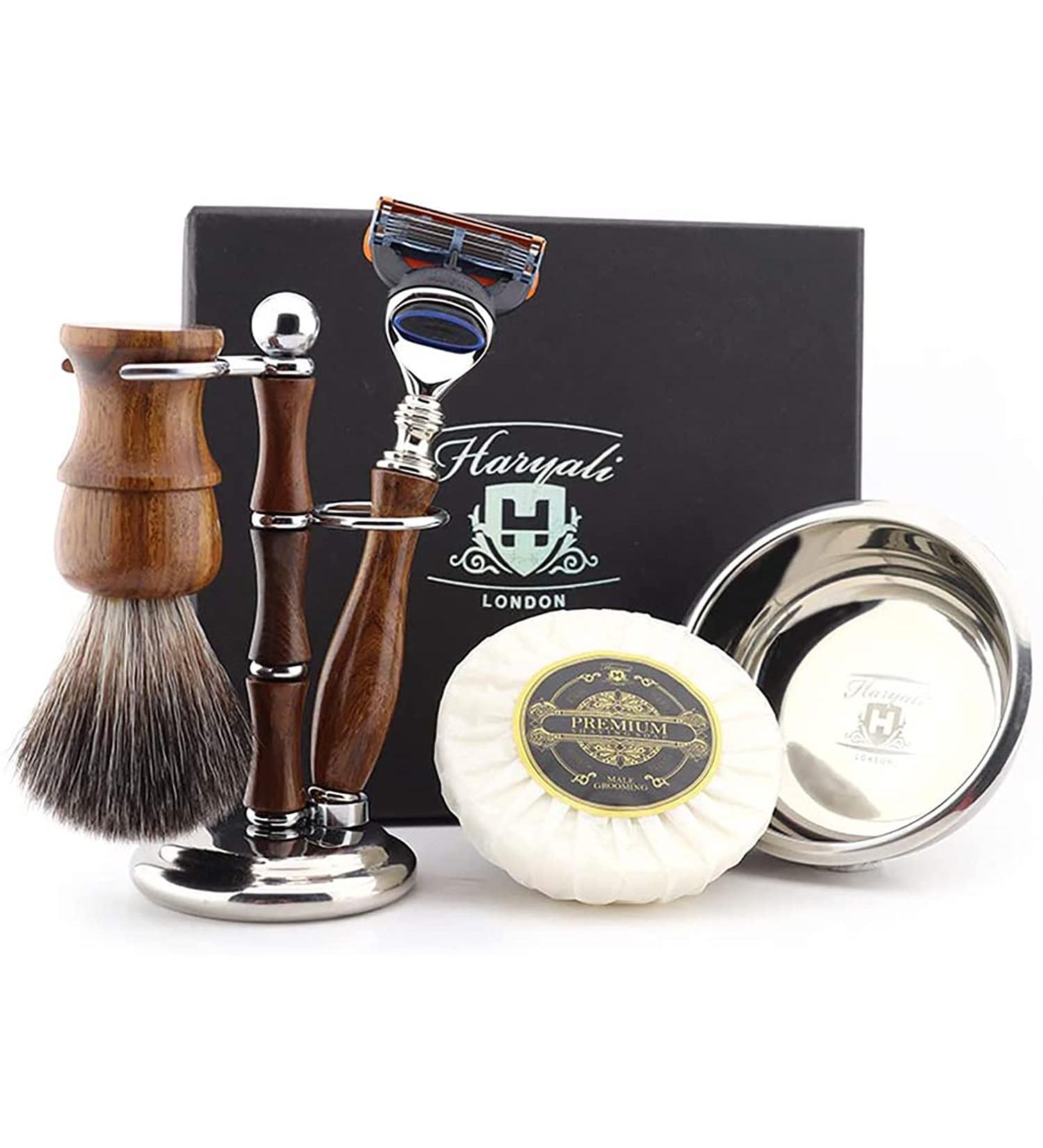 Haryali London 5 Pc Wooden Shaving Kit with Razor, Brush, Soap, Bowl & Stand - Sustainable Shaving Set, Perfect Gift - Buy Online on GoSupps.com