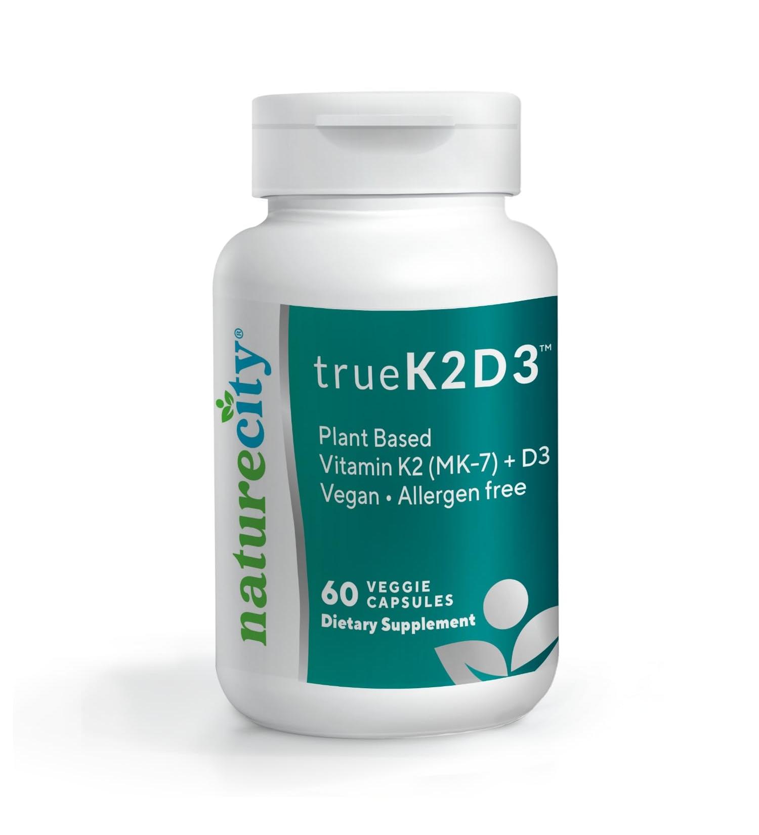 NatureCity TrueK2D3 Plant Based Vitamin K2 MK7 (90 mcg) & D3 from Algae(2 500 IU) 2 in 1 Vitamin D3 K2 Supplement for Bone Heart and Immune Health 60 Veggie Capsules - Buy Online on GoSupps.com